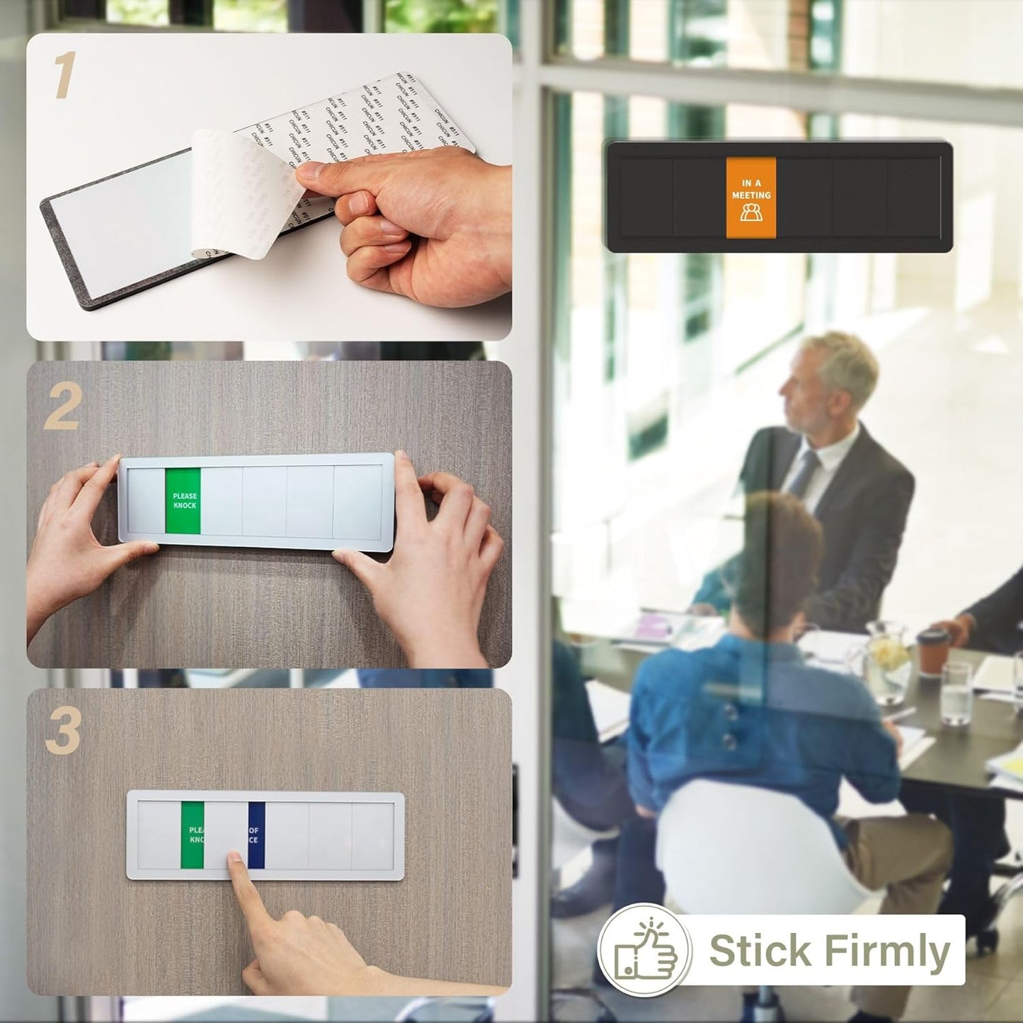 Office Door Signs- 6 Options Out Of Office Sign for Door,Do Not Disturb, In A Meeting,Please Knock, Come On In,Back Soon, Privacy Slider Sign for Meeting & Conference Room Frosted Silver