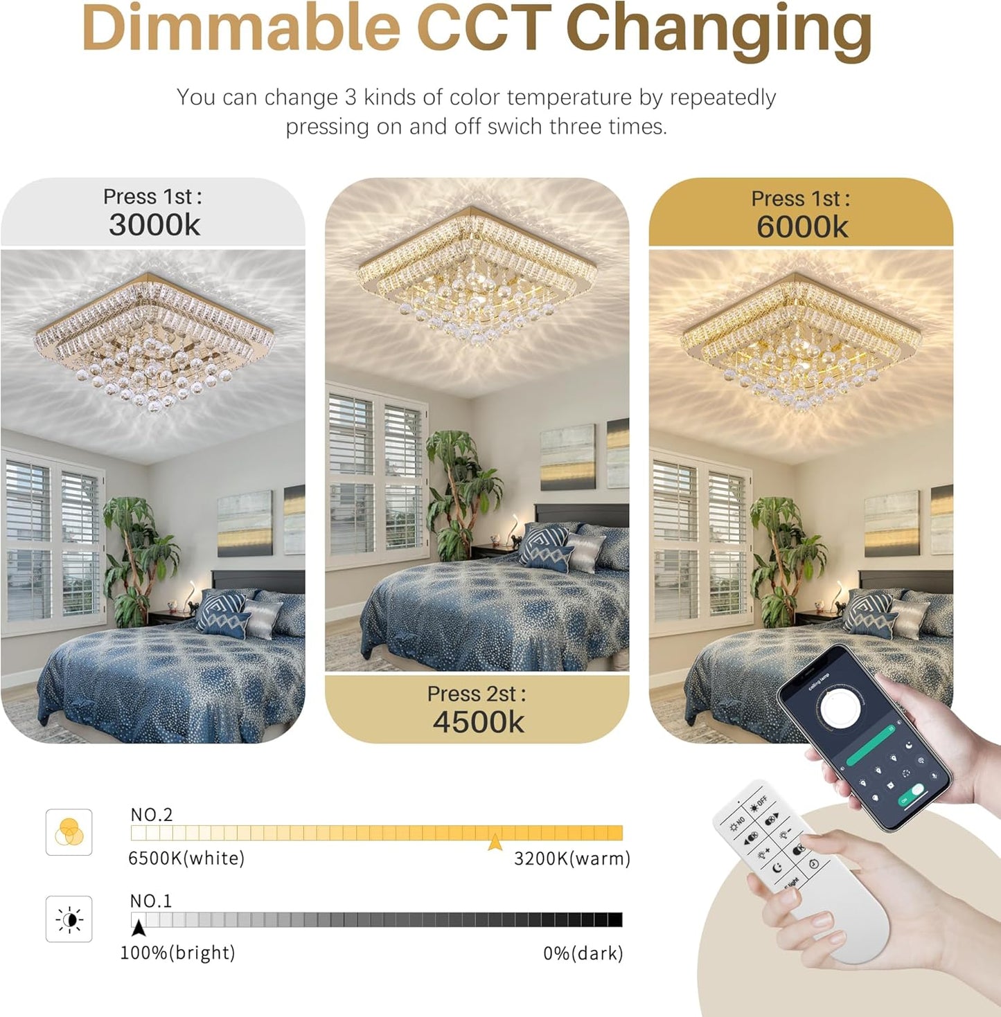 24 inch Crystal Flush Mount Gold Chandelier Remote/APP, Modern Raindrop LED Ceiling Light, 3CCT Dimmable & Brightness Adjustable,Elegant Chandeliers for Bedroom Hallway Dinning Room Living Room
