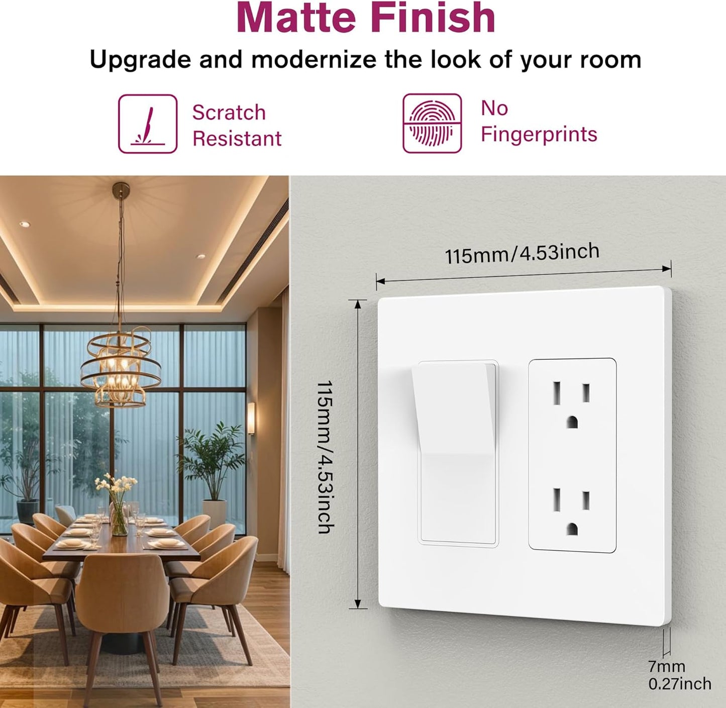 EMITEVER 2-Gang Screwless Decorator Wall Plate Cover for Receptacle Outlet & Light Switch, Standard Size 4.53"H x 4.53"W, Unbreakable Thermoplastic Faceplate, UL Listed, Matte White 5-Pack