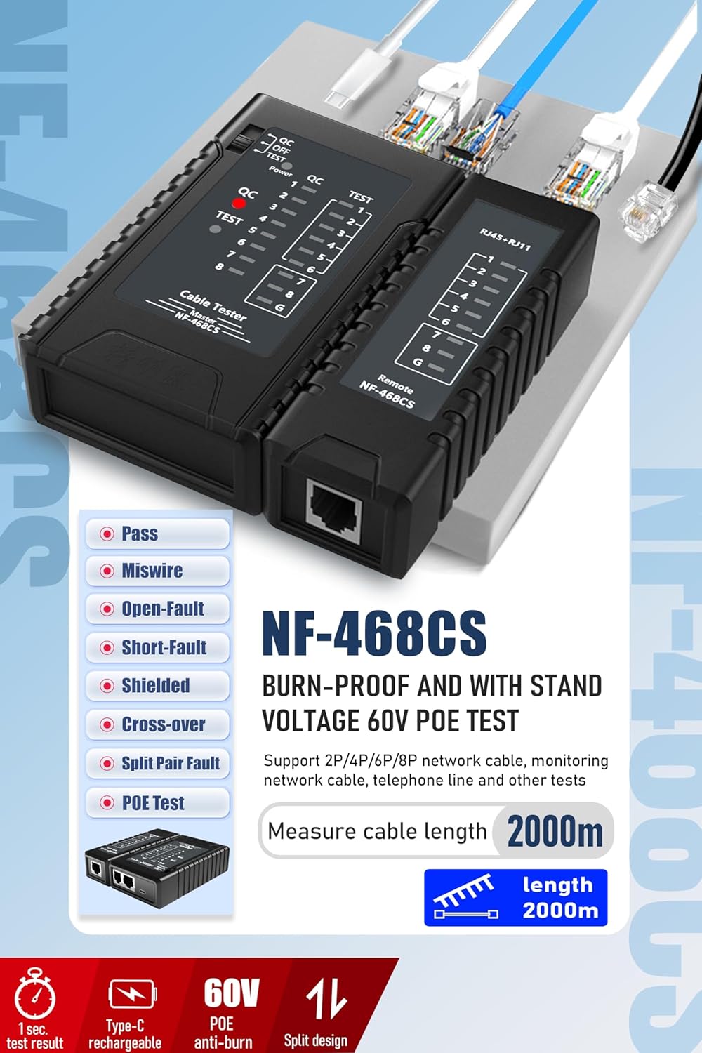 NF-468CS Network Cable Tester - Ethernet Tester, Cable Mapper with Continuity Test, Suitable for RJ45/RJ11/RJ12/POE/CAT3/CAT5/CAT5E/CAT6/CAT6A, UTP/STP, LAN and Telephone Line Testing Tool