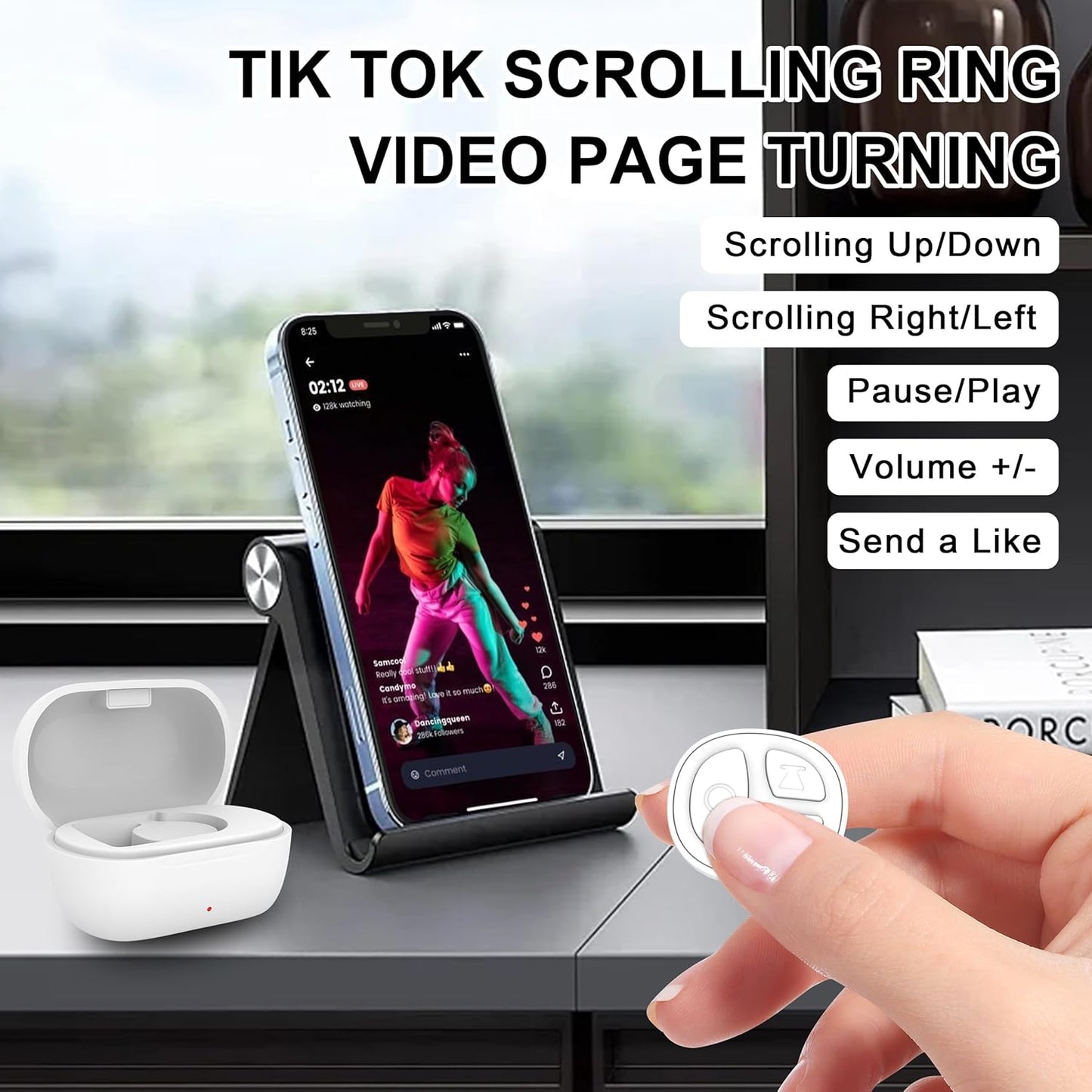 Tiktok Scrolling Ring for iPhone, Bluetooth Camera Remote Control, Remote Control for TIK Tok Scrolling Ring for iPhone, Android (White)