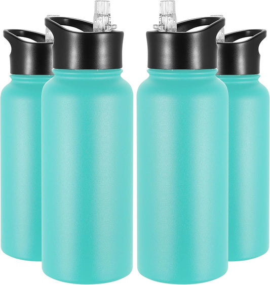 VEGOND 32 oz Insulated Water Bottle Bulk Stainless Steel Metal Water Bottles with Leak Proof Straw Lid & Spout Lid, Wide Mouth Double Walled Vacuum Travel Sports Bottle, 4 Pack