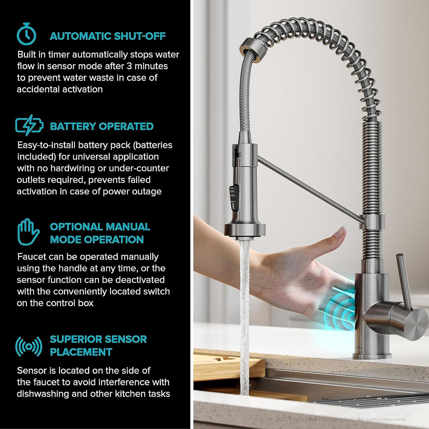 KRAUS Bolden Touchless Sensor Commercial Style 2-Function Single Handle Pull Down Kitchen Faucet in Spot-Free Stainless Steel, KSF-1610SFS