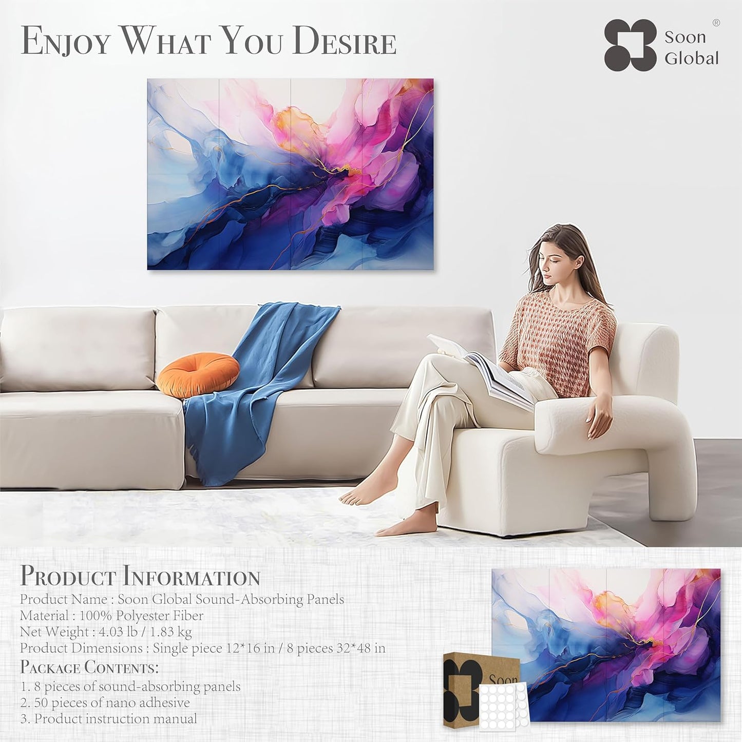 8-Pack Acoustic Panels, Soundproof Wall Panels, 48 X 32 Inches Sound Absorbing Panels, Decorative Acoustical Wall Panels, Acoustic Treatment for Recording Studio, Opulence