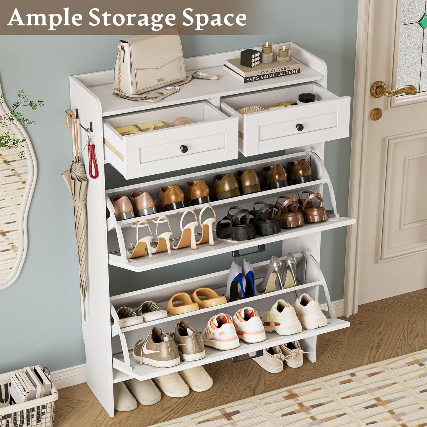 Shoe Storage Cabinet for Entryway, Farmhouse Narrow Shoe Cabinet with 2 Flip Drawers & Top Drawers, Adjustable Shelves & Hooks, Freestanding Hidden Rack Organizer for Hallway, Foyer