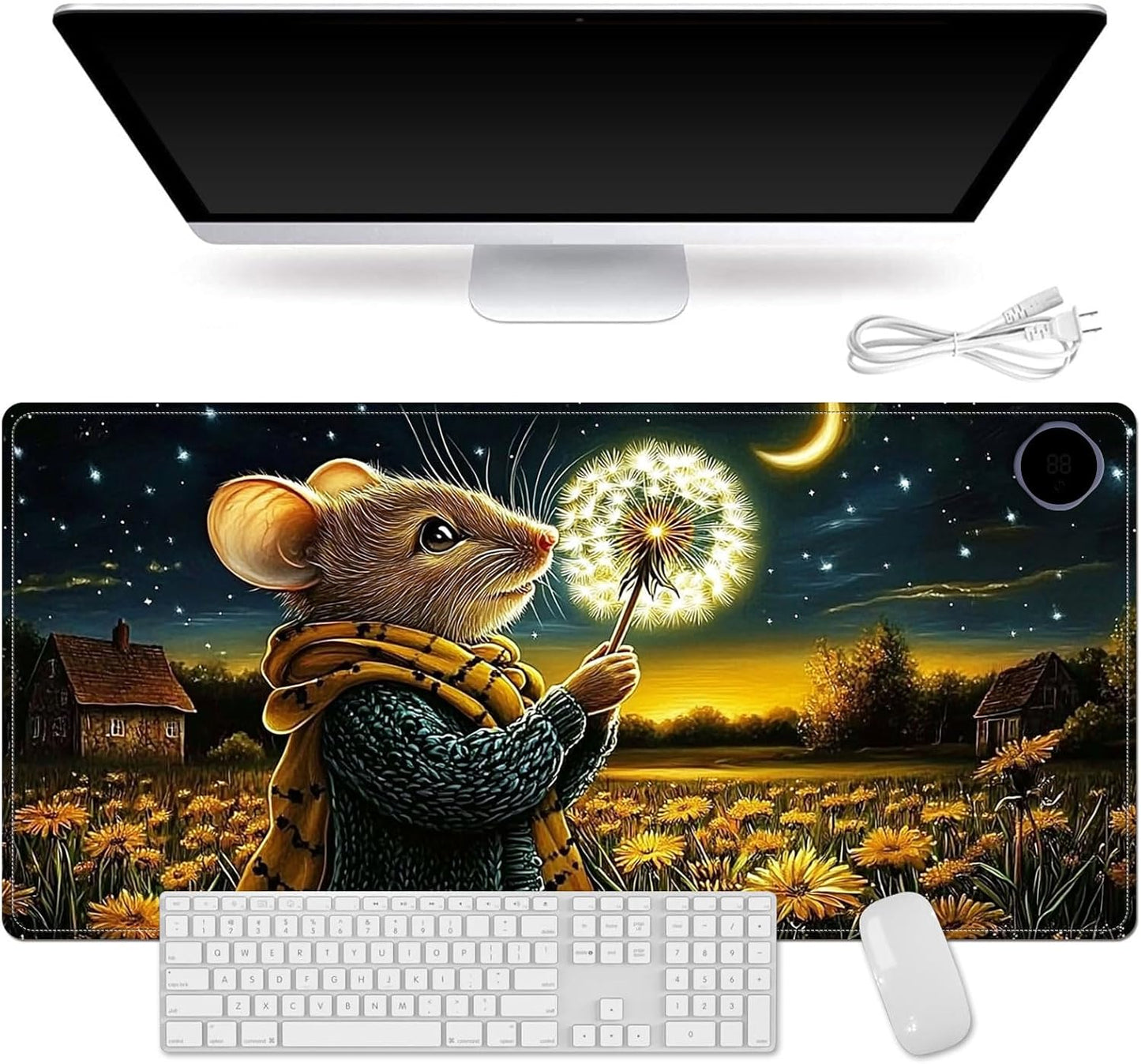 Small Heated Desk Pad 23.6" x 14.2" – Compact Electric Mouse Pad with 3 Heating Levels, Auto Shut-Off, Waterproof PU Surface, Plug-in Warmer for Office or Home Use, Mouse with Dandelion