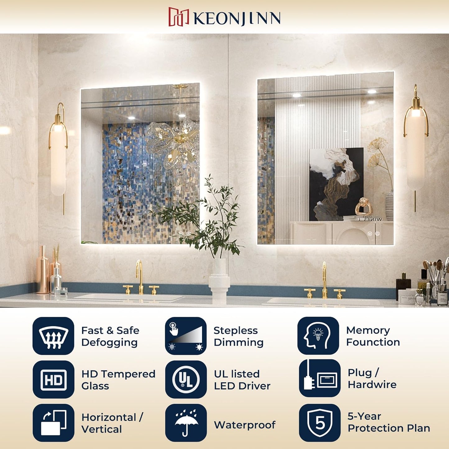 Keonjinn 55 x 30 Inch LED Bathroom Mirror with Backlit, Anti-Fog Vanity Mirror, CRI90+ HD Tempered Glass, Stepless Dimmable, High Lumen, UL Listed, IP44 Waterproof, Horizontal/Vertical