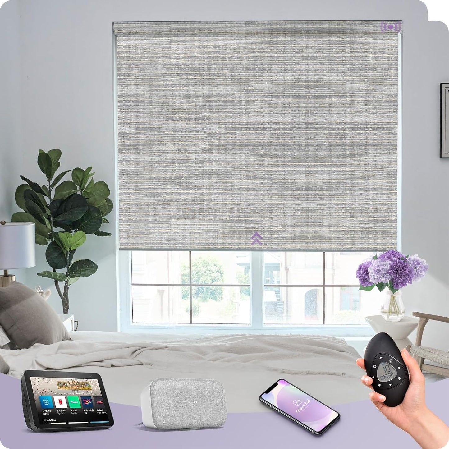 Graywind Smart Blackout Roller Shades Compatible with Alexa Google Textured Fabric Rechargeable Motorized Blinds Cordless Remote Control Window Shades, Custom Size (Metallic Fuscous Grey)