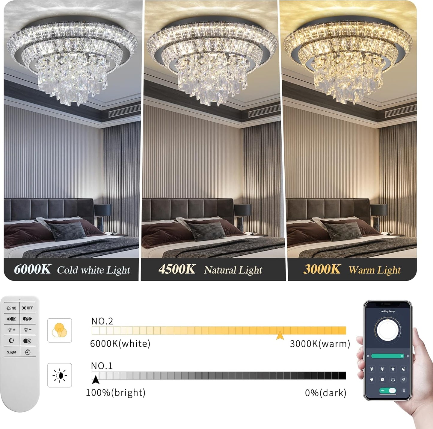 18 inch Crystal Black Ceiling-Light Flush Mount with Remote and APP Control, 3CCT Dimmable & Brightness Adjustable, Modern Crystal Raindrop Chandeliers for Bedroom Hallway Dinning Room Living Room