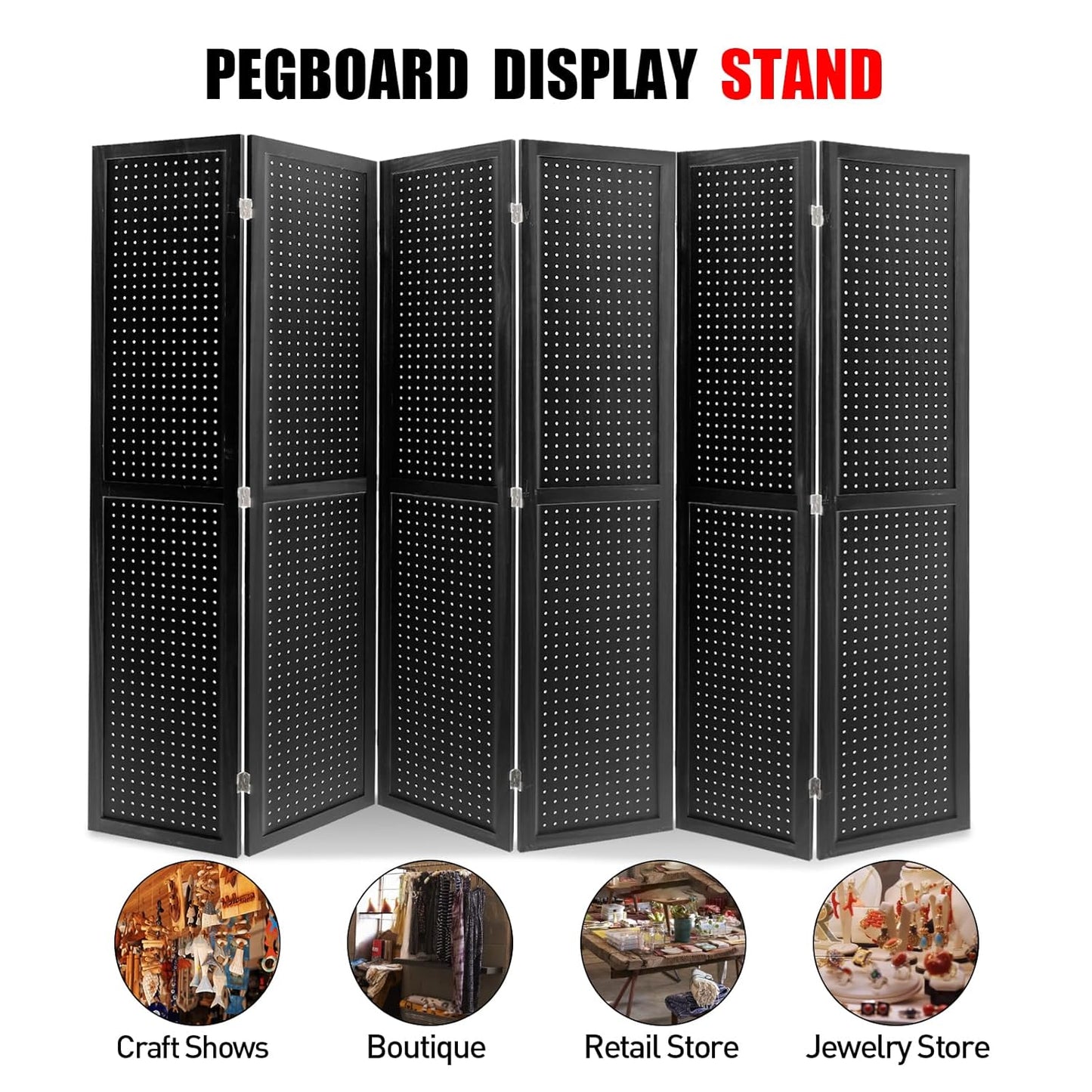 Babion 6 Panel Pegboard Display, Peg Board Room Divider Freestanding Folding Privacy Screens Display Stand for Craft Shows (Black)