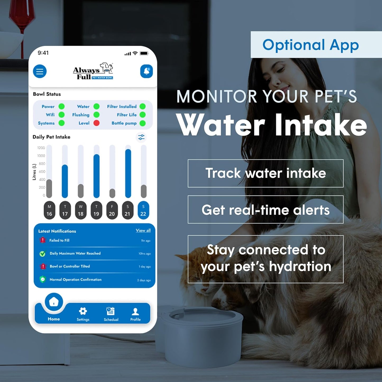 Always Full® 9" Pet Water Bowl and Wall Unit Bundle – Self-Refilling, Clean Filtered Water, Easy Home Connection, App-Enabled Hydration Tracking, Cat and Dog Water Bowls