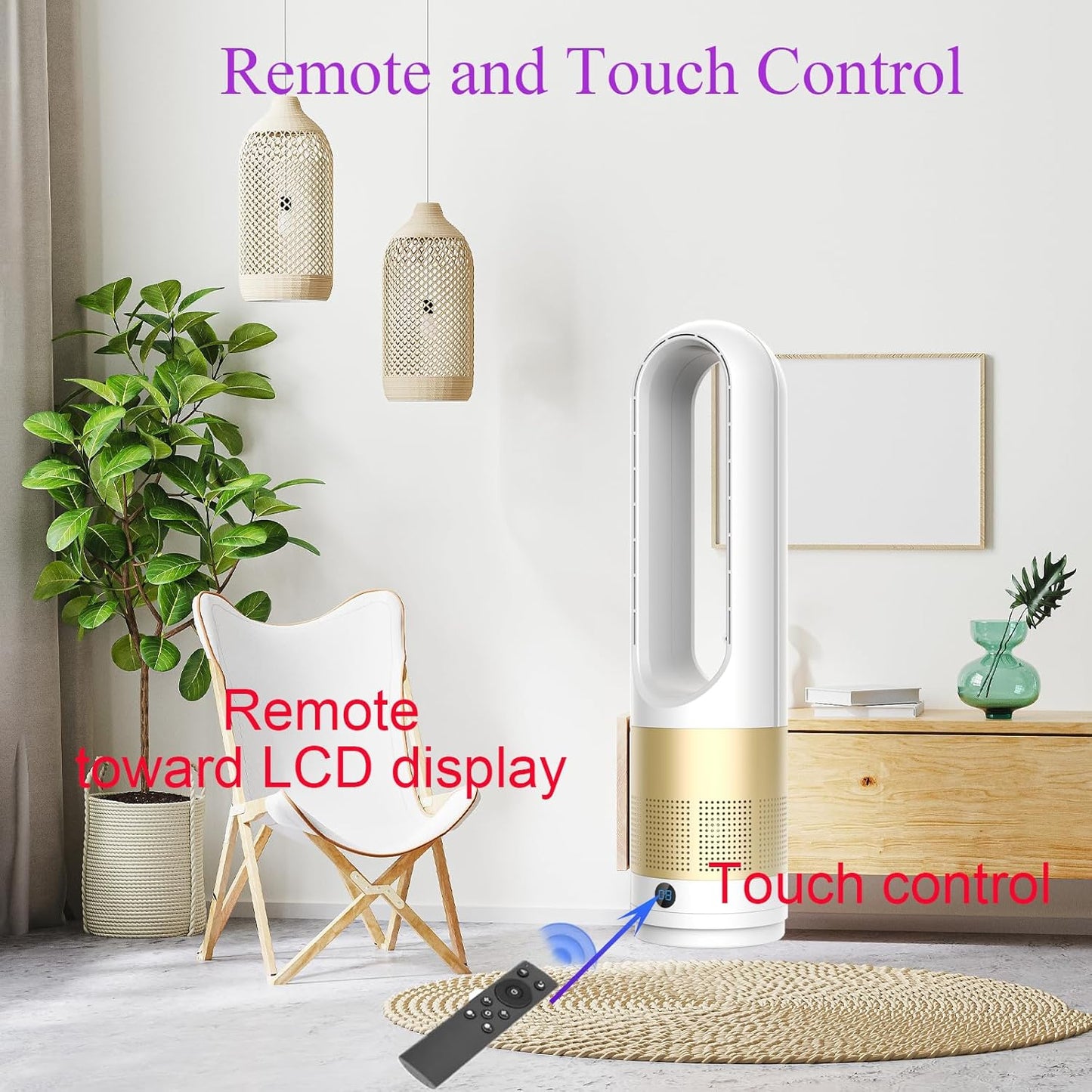 Bladeless Heater and Fan Combo, 1400 Watt Heater Fan and 40 Watt Cold Fan, 80° Oscillating Fan, All the Season Use, Remote and Touch Control, Floor Tower fan, Office Room, Bedroom, Silver Gold
