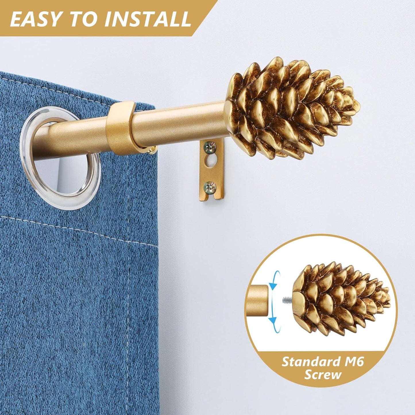 Gold Curtain Rods for Windows 66 to 120 Inches, 1 Inch Diameter Heavy Duty Single Curtain Rod, Adjustable Window Curtain Rod Drapery Rod with Decorative Finials