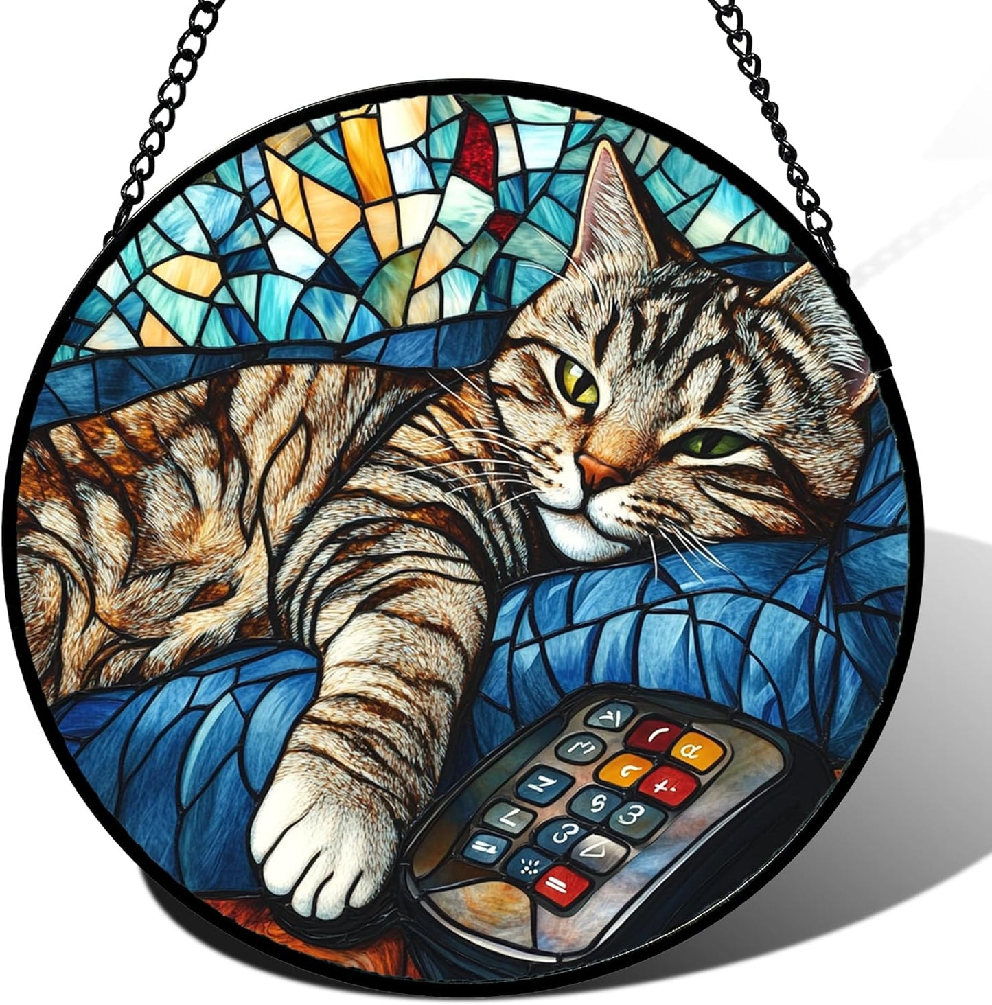 Stained Glass Window Hanging Gray Cat and Remote Control 9.8" - Suncatcher Door Garden Kitchen Sun Catcher Home Decor Birthday for Lost Pets Mom Men Woman Friend Grandma