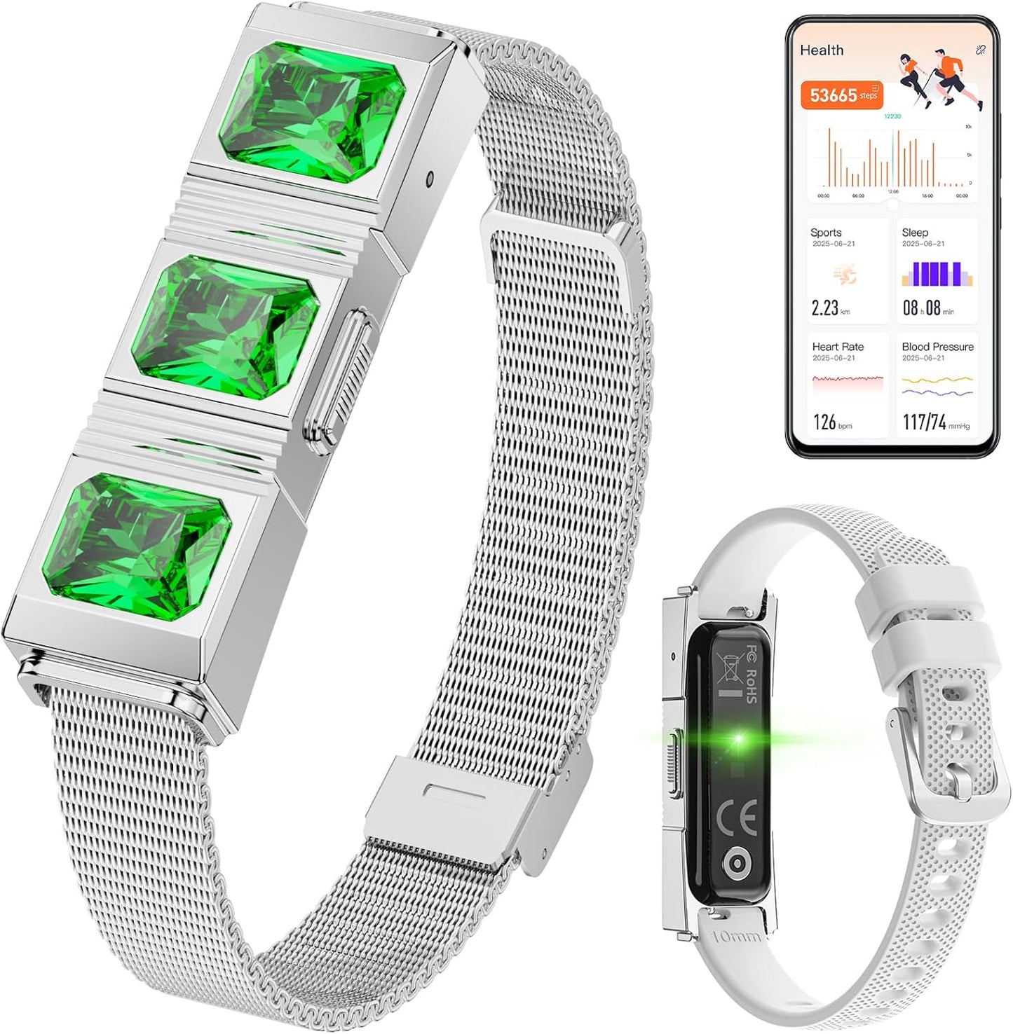Mingtawn Women's Smart Bracelet with 2 Bands, Health Fitness Tracker, 24/7 Heart Rate/Blood Oxygen/HRV/Sleep Monitor, Fashion Emerald Wristband with Message/Call Reminder Free Subscription (Silver)