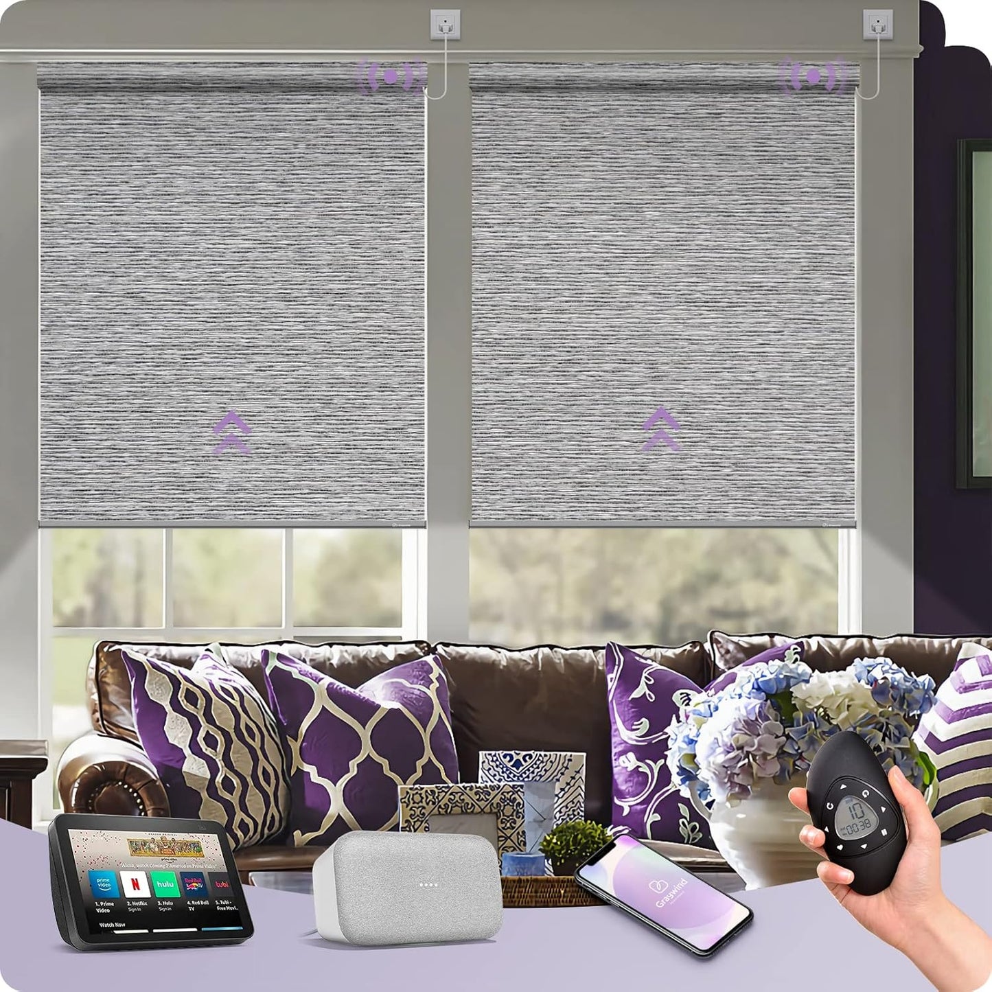 Graywind Smart Blackout Roller Shades Compatible with Alexa Google WiFi Hardwired Textured Gleaming Fabric Motorized Blinds Remote Window Shades, Custom Size (Striped Grey)