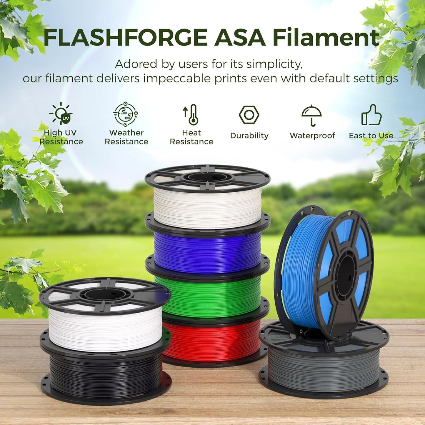 FLASHFORGE ASA Filament 1.75mm White, 3D Printer Filament 1kg (2.2lbs) Spool, Dimensional Accuracy +/- 0.02mm, Durable, High UV-Resistant, Perfect for Printing Outdoor Functional Parts