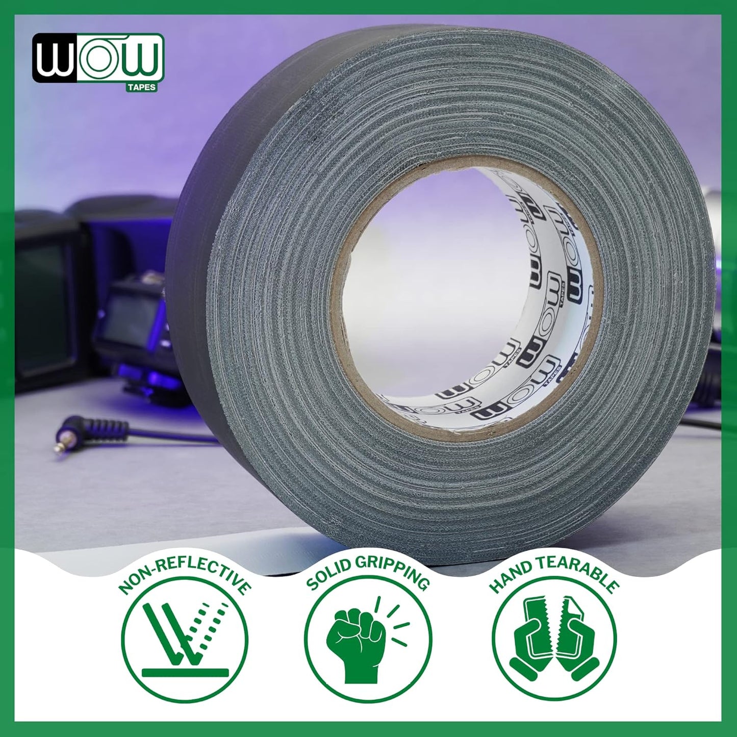 Wow Gaffers Tape 2 Inch Black - 50 Yards (Case of 24), Residue Free, Non-Reflective & Heavy-Duty - Professional Grade Gaff Tape - Ideal for Photography Backdrop, Cables, Cords & Floor Taping