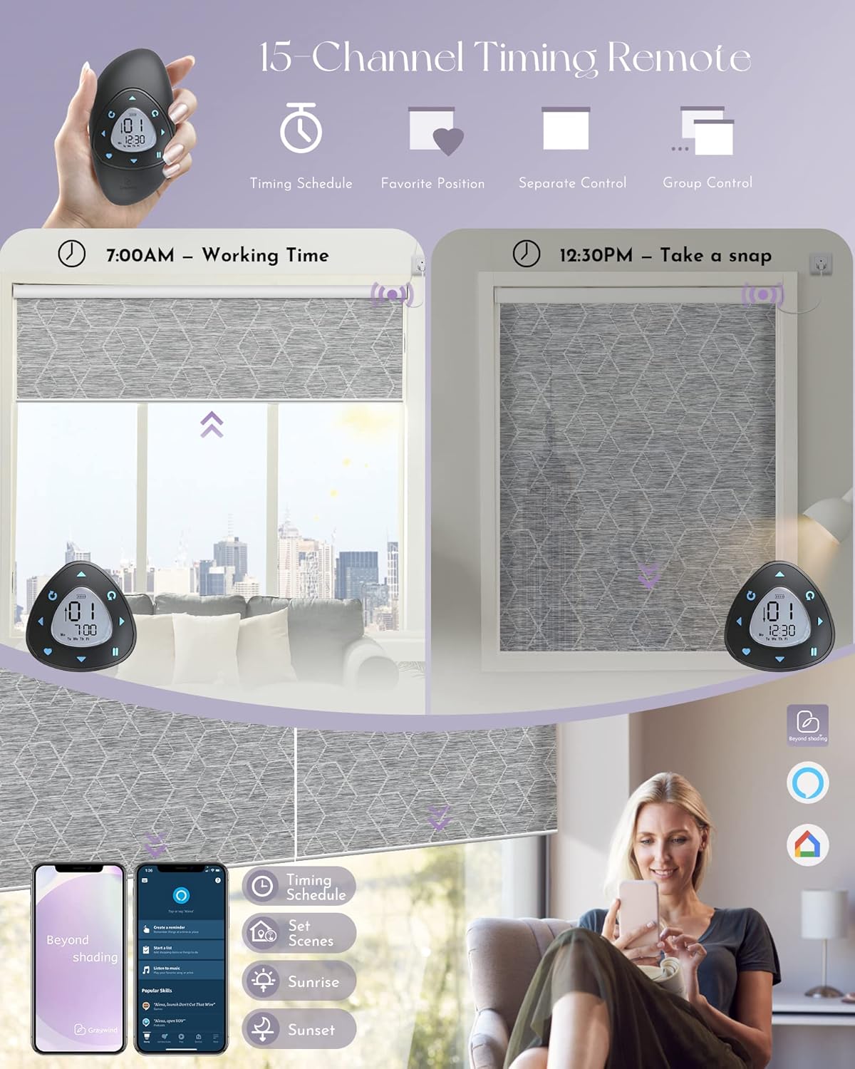 Graywind Motorized Roller Shades Compatible with Alexa Google Hardwired WiFi Smart Light Filtering Blind Remote Automated Blinds Electric Window Shade, Custom Size (1% Openness Geometry Grey)