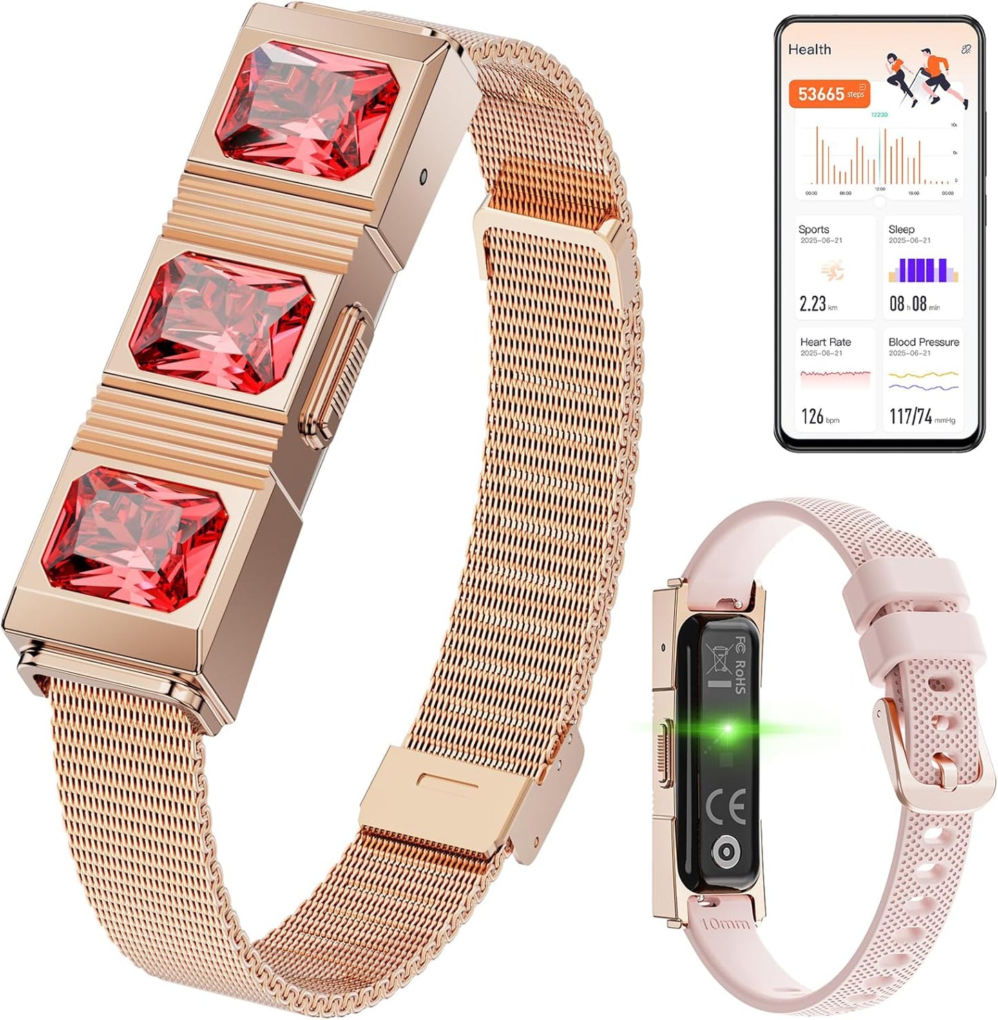 Mingtawn Women's Smart Bracelet with 2 Bands, Health Fitness Tracker, 24/7 Heart Rate/Blood Oxygen/HRV/Sleep Monitor, Fashion Ruby Wristband with Message/Call Reminder Free Subscription (Rose Gold)