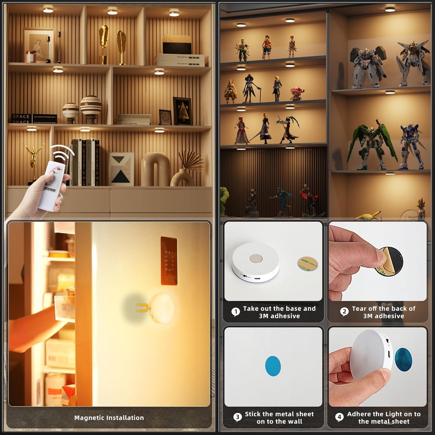 Puck Lights with Remote Control, Under Cabinet Lighting with Magnetic, Cordless, 1200mAh Rechargeable Stick On Lights for Under Cabinet, Hallway, Stairway, Closet (Warm White, 6pcs)