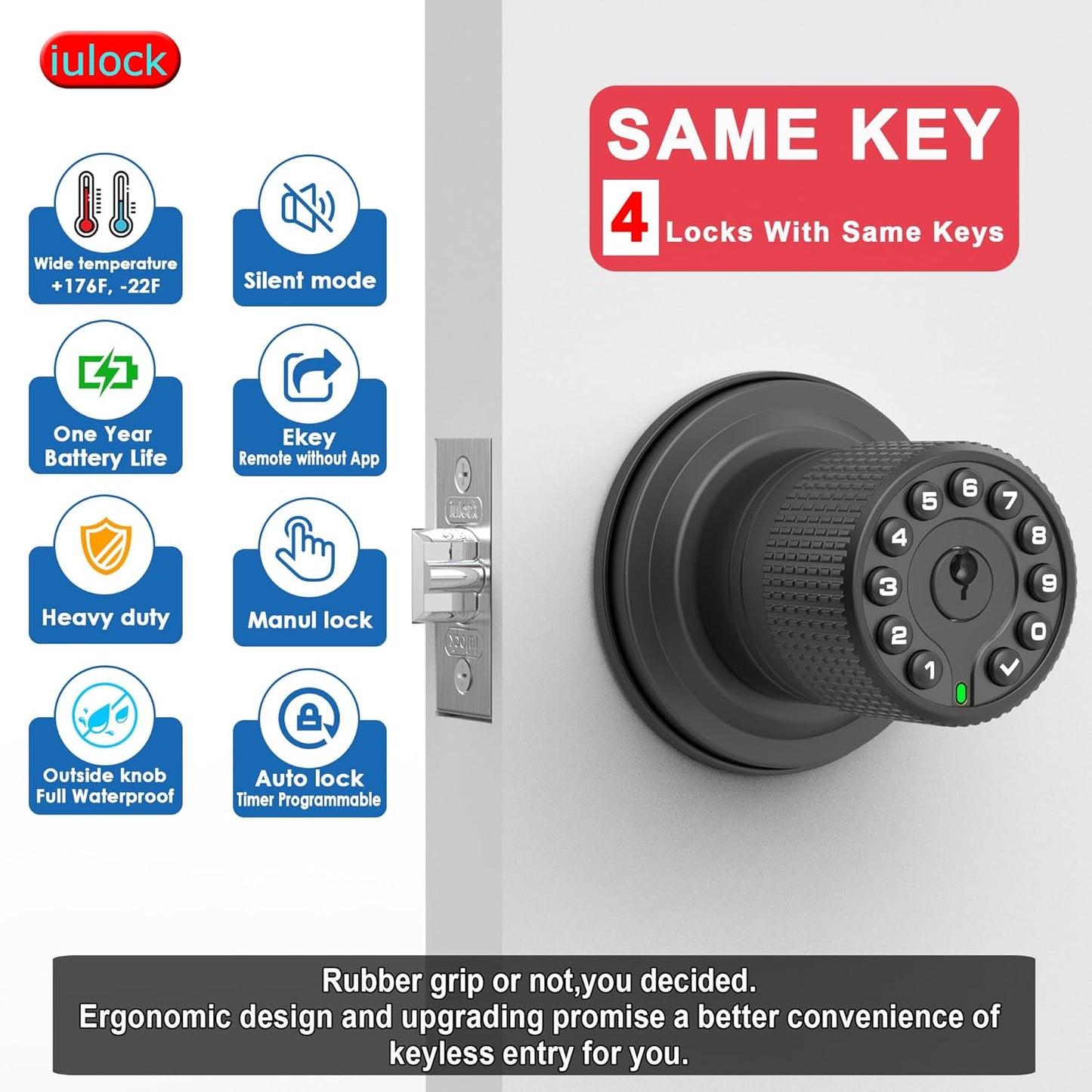 Smart Door Knob with Keypad and Key,Keyless Entry Door Lock with Rubber Grip, Auto Lock,50 User Code,Waterproof, Easy to Install and Program for Bedroom (Matte Black Same Key 4 Pack)