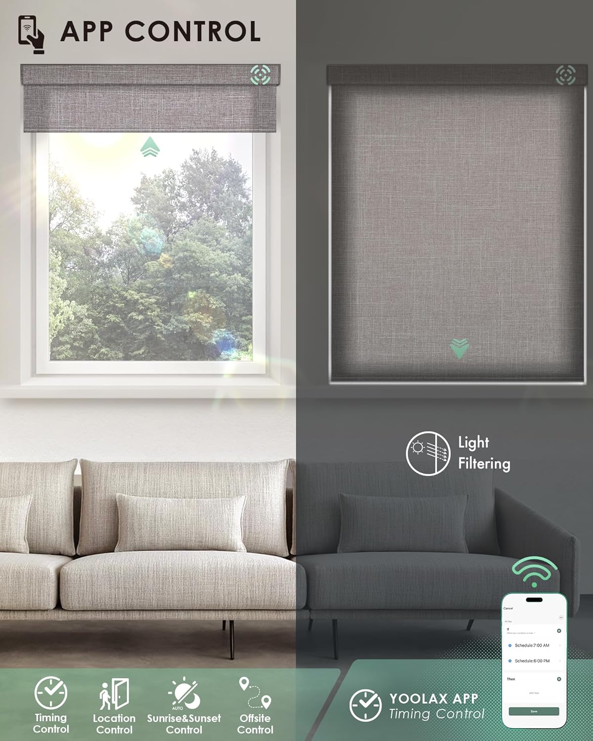 Yoolax Motorized Blinds with Remote, Light Filtering Smart Blinds Compatible with Alexa Google Home, Automatic Roller Shades for Indoor Windows Living Room, Custom Size (Classic Gray)