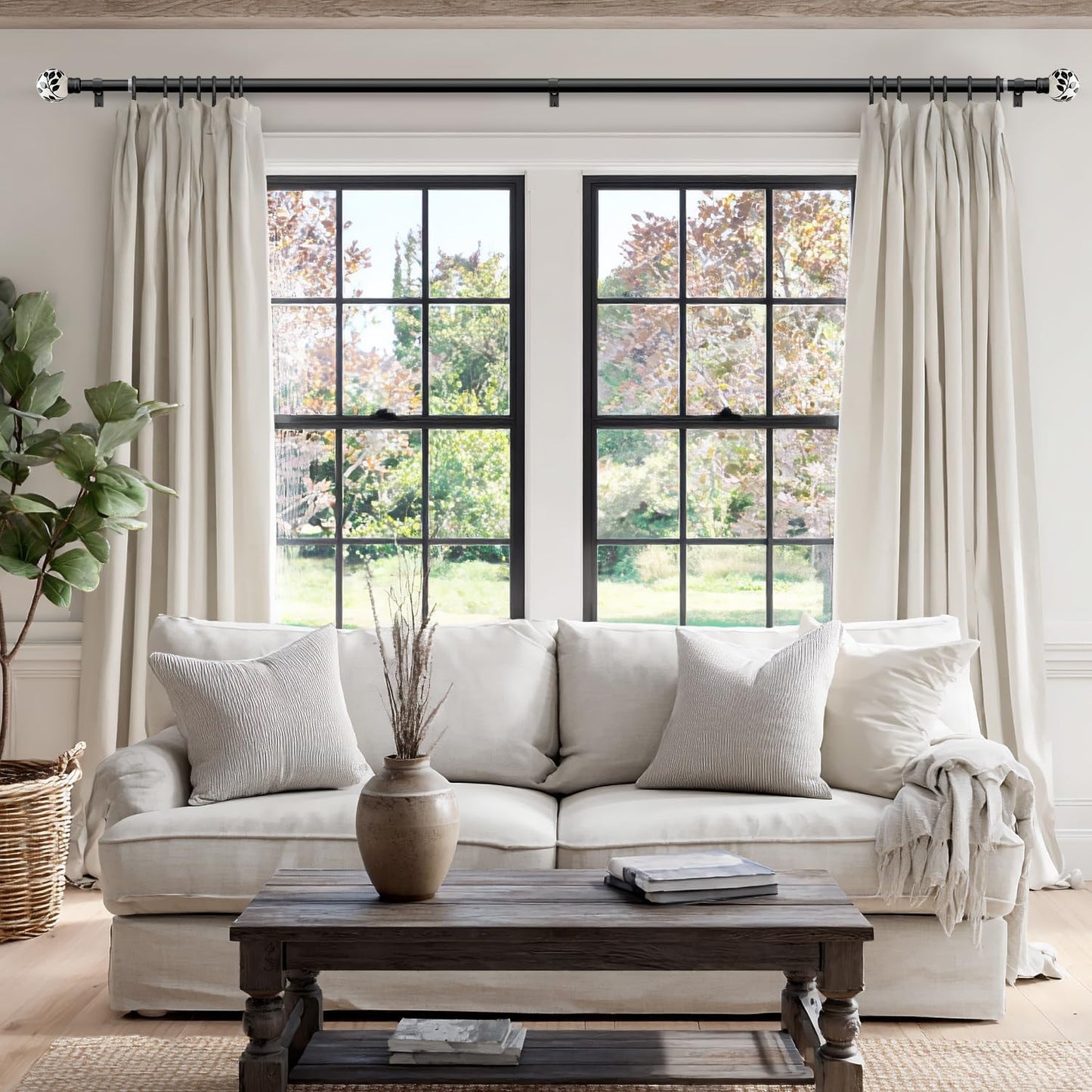 Ceramic Black Curtain Rods for Windows 48 to 84 Inches Adjustable Length Heavy Duty 1" Diameter Window Curtain Rod with Modern Leaf Pattern Decorative Finials for Bedroom Kitchen Living Room
