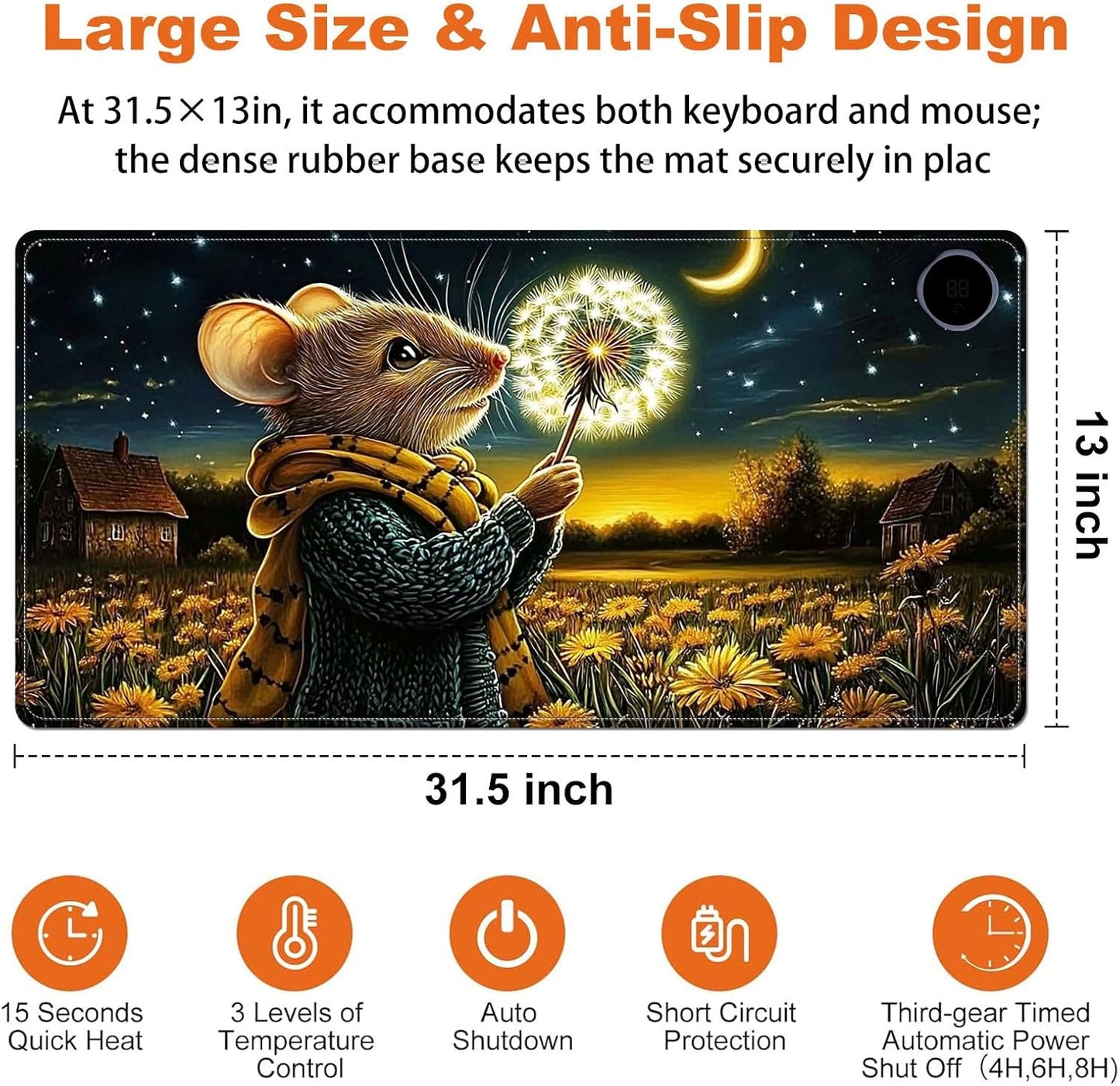 Heated Mouse Pad for Desk 31.5" x 13" – PU Leather Warm Desk Pad with 3 Heat Levels (104°F/113°F/122°F), Plug-in Electric Heating Mat with Auto Shut-Off, Waterproof & Rollable, Mouse with Dandelion
