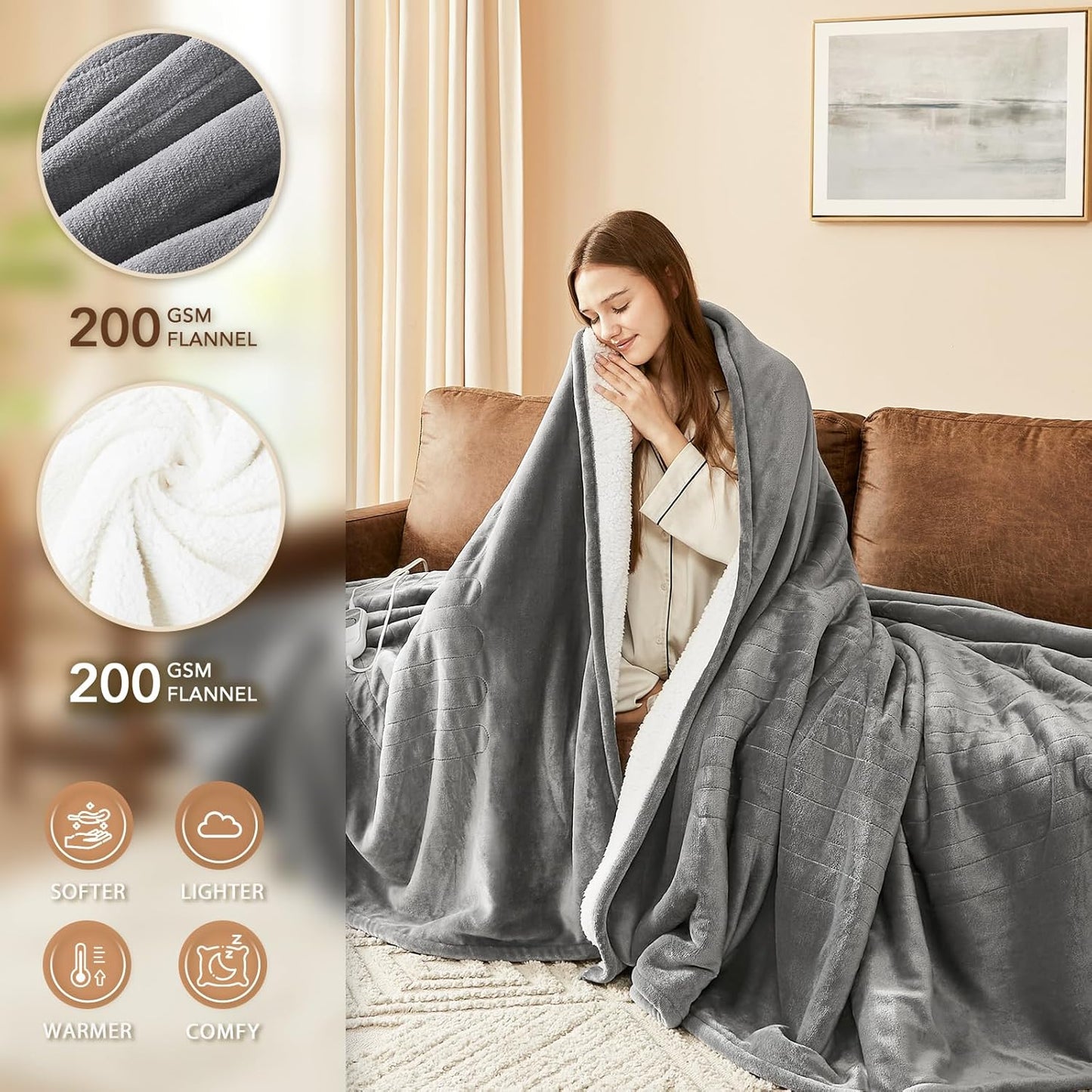 Homemate Heated Electric Blanket King Size - 100"x90" Heating BedBlanket Throw with 10 Heating Levels&8 Hours Auto Off, Fast Heating Over-Heated Protection Ultra Soft Flannel ETL Certified, Grey