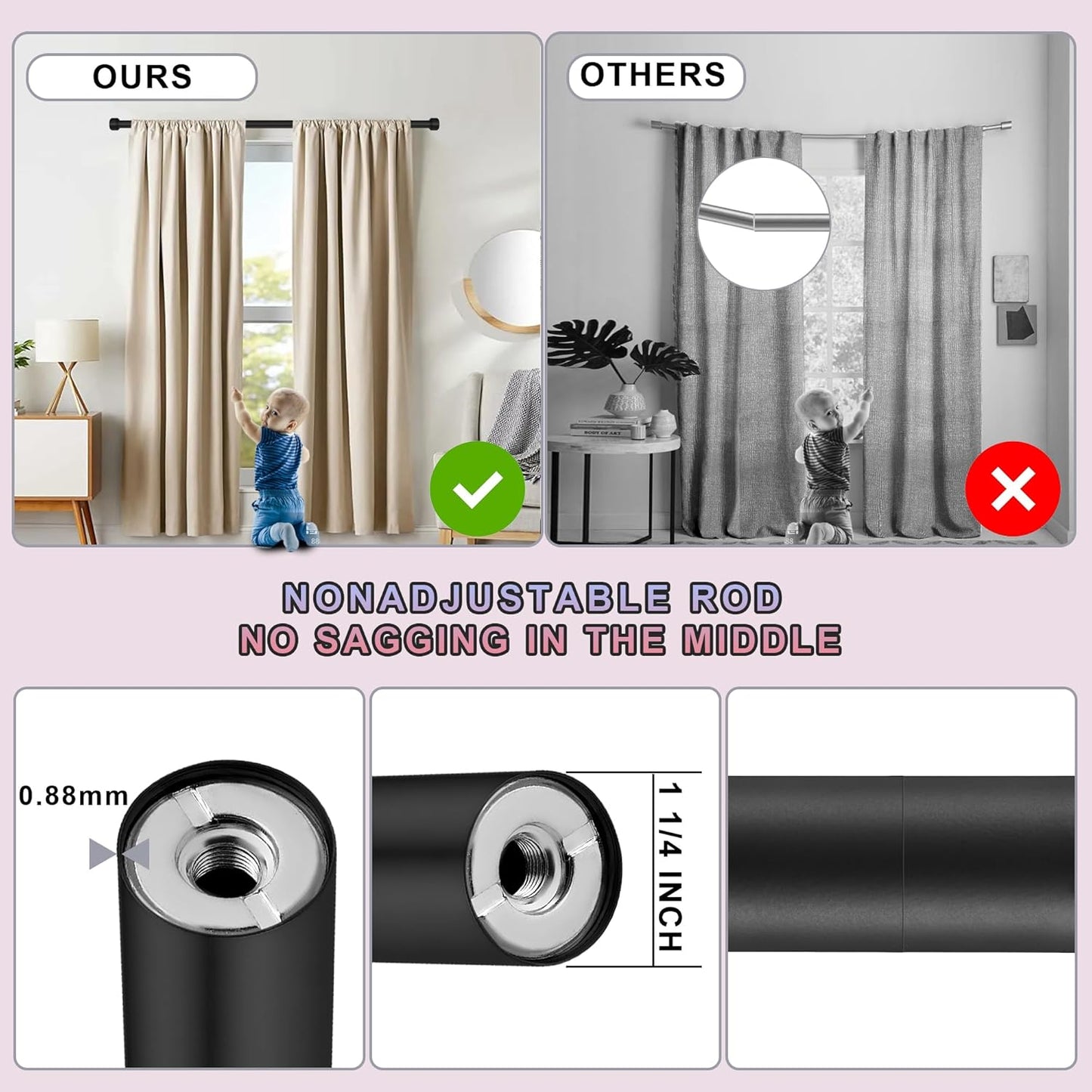 Heavy Duty Curtain Rods,1 1/4" Large Diameter Premium Nonadjustable Curtain Rod,48in/4ft Custom Window Treatment Rods with Durable Aluminum Brackets and End Caps,Black Finish