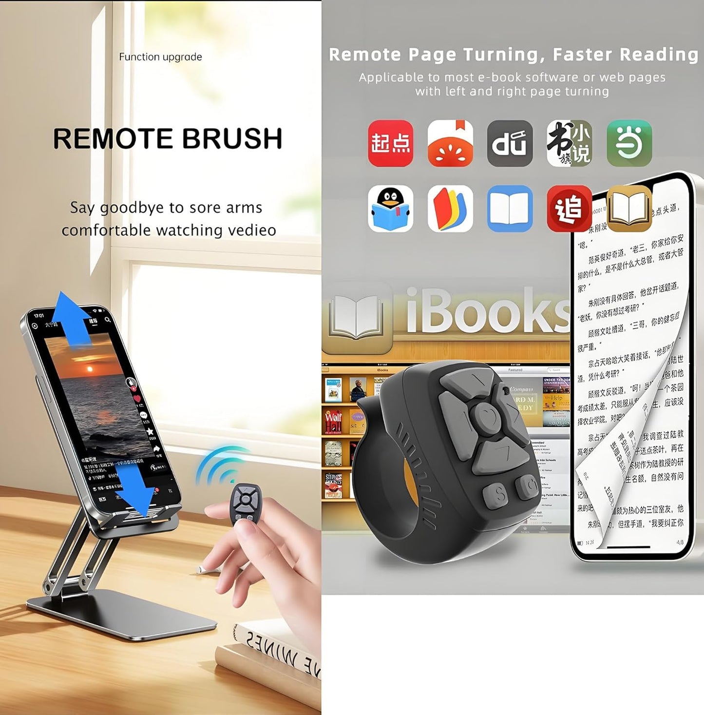 TK Rechargeable Fingertip Wireless Bluetooth Remote Control TK Scrolling Ring, RC Page Turner Music Video Camera Style B Black