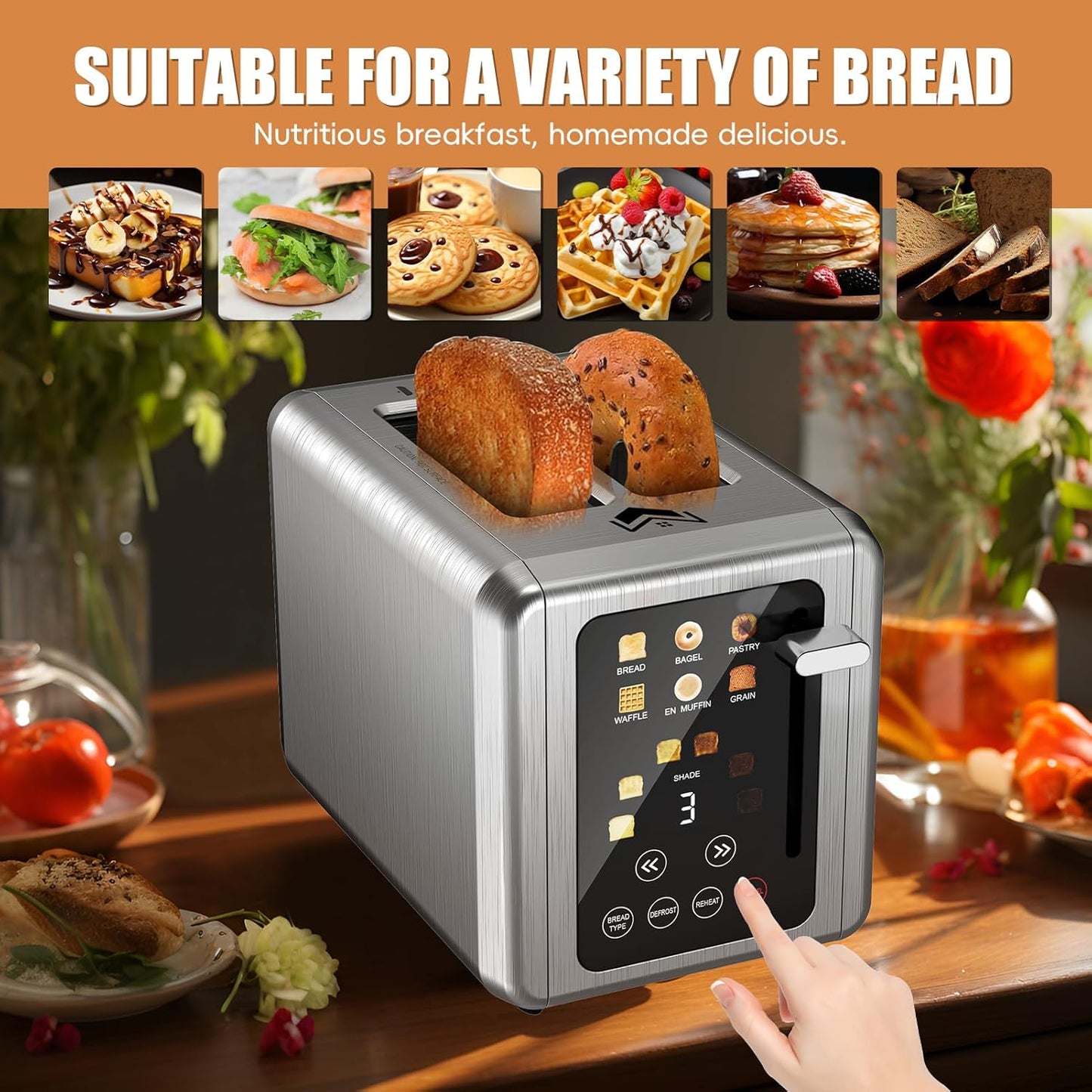 Touch screen Toaster 2 slice,Stainless Steel Digital Timer Toasters with Sound Function,6 Bread Types & 6 Shade Settings,Smart Extra Wide Slots Toaster with Bagel,Defrost Functions,Slate