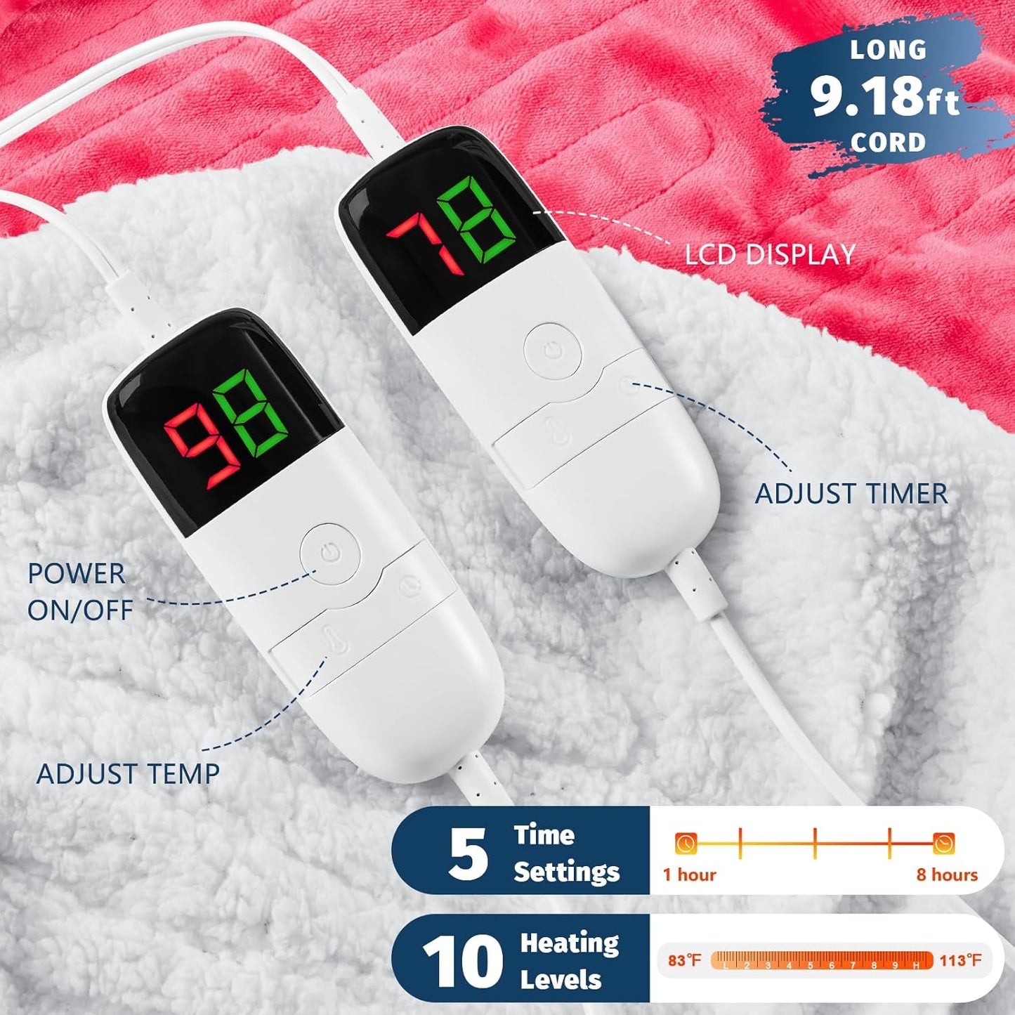 Heated Electric Blanket Queen Size - 84" x 90" Heating Blanket with Dual Control, 10 Heating Levels & 8 Hours Auto Off, Soft Warm Flannel Blanket, Christmas Birthday Gifts for Senior Grandma