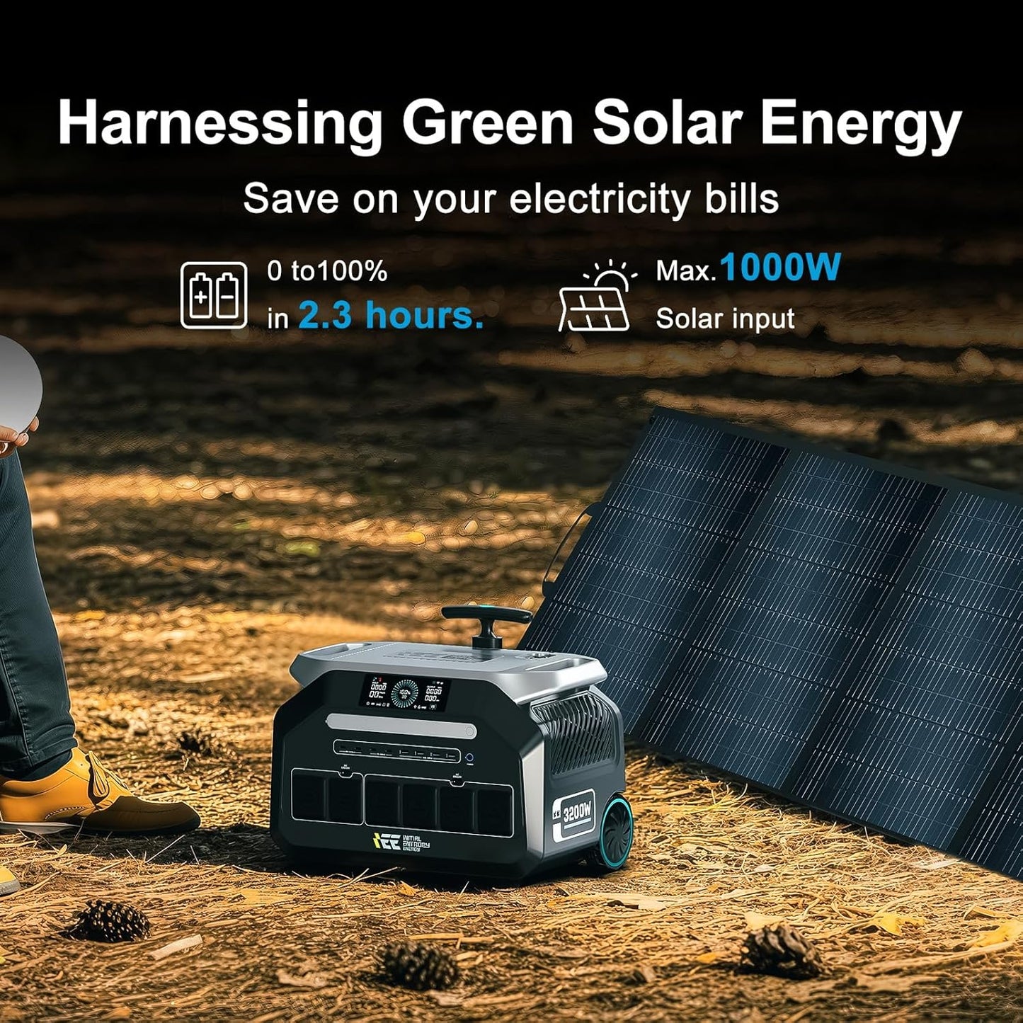 IEE 3200W Portable Power Station P3200 with 400W Solar Panel, 2048Wh Solar Generator, 1800W AC Charging, AC Outlets x 4, LiFePO4 Battery Power Station for Home Backup, Camping, RV, Emergency