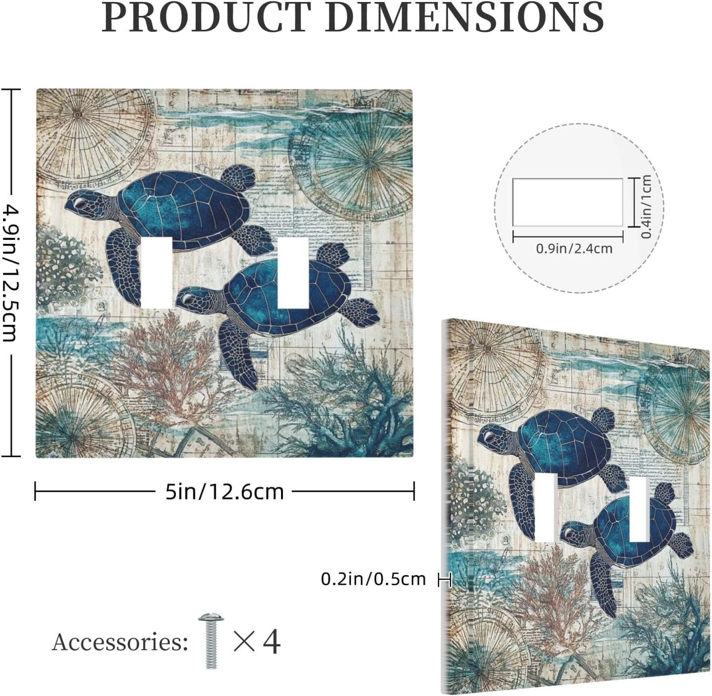 Blue Green Sea Turtle Tropical Ocean Coral Nautical Map Decorative Switch Plates 2 Gang Double Toggle Outlet Light Switch Cover Wall Plate Electrical Faceplate For Bed Room Bathroom Decor