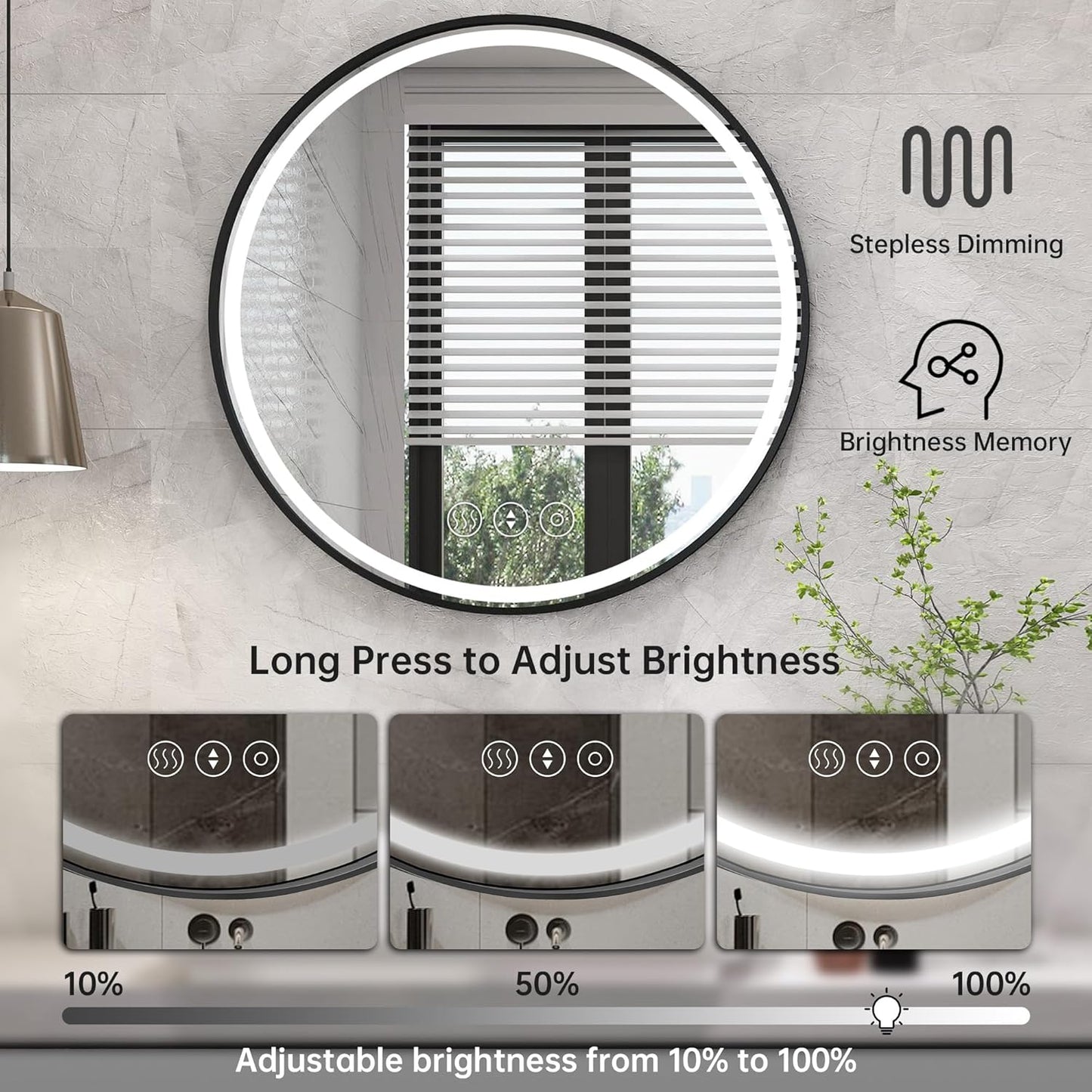 32 Inch Round Led Mirror, Bathroom Mirror with Lights, Black Metal Framed Frontlit Circle Mirrors for Wall with Anti-Fog, Memory Function, 3 Color Temperature, Dimmable Makeup Mirror