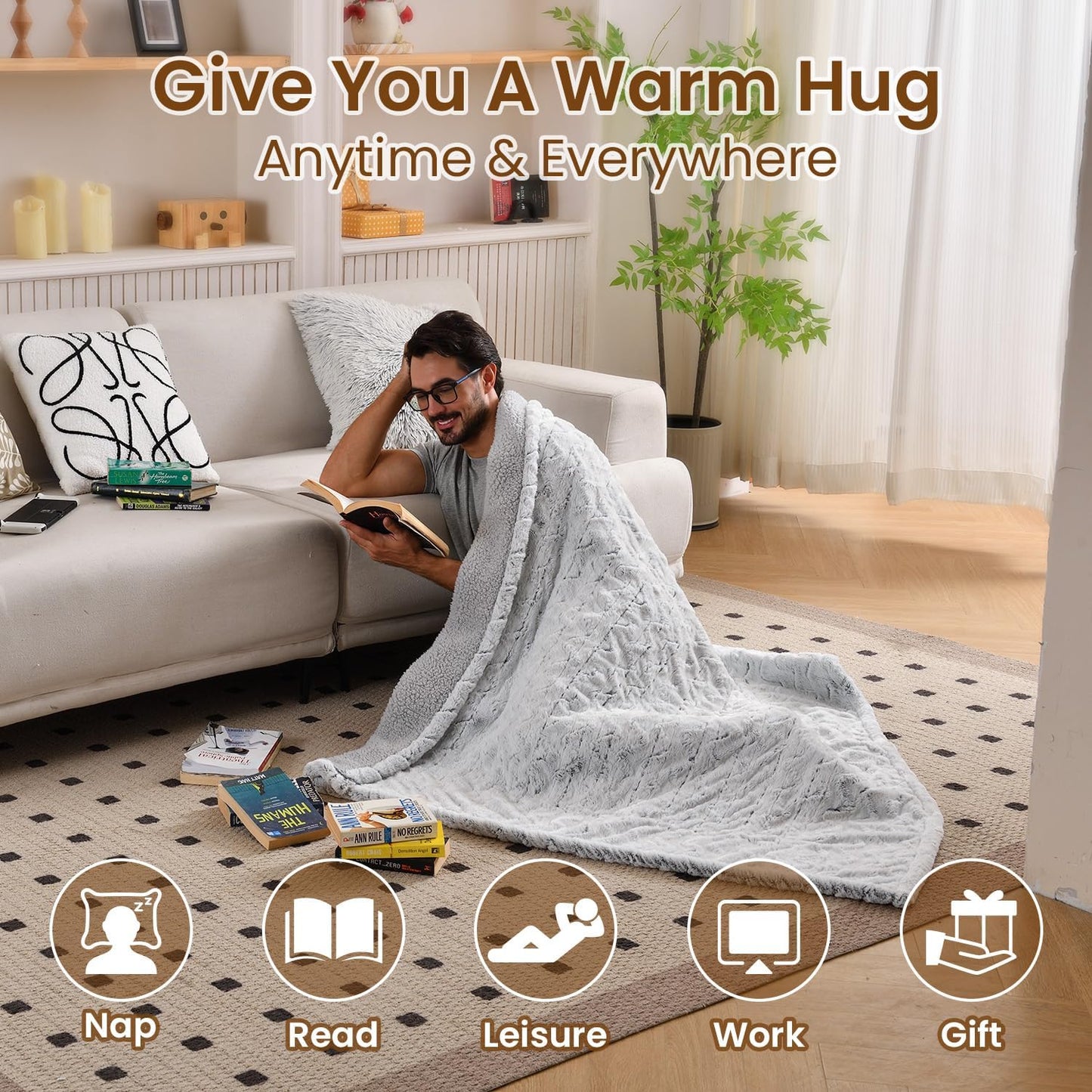 Bearhug Heated Blanket 6 Heat Settings Electric Blanket, 4-Hour Auto Shut-Off, Luxurious Faux Fur & Sherpa Dual-Sided Heated Throw, Machine Washable, 50 x 60 Inches, Gift-Ready Elegant Packaging