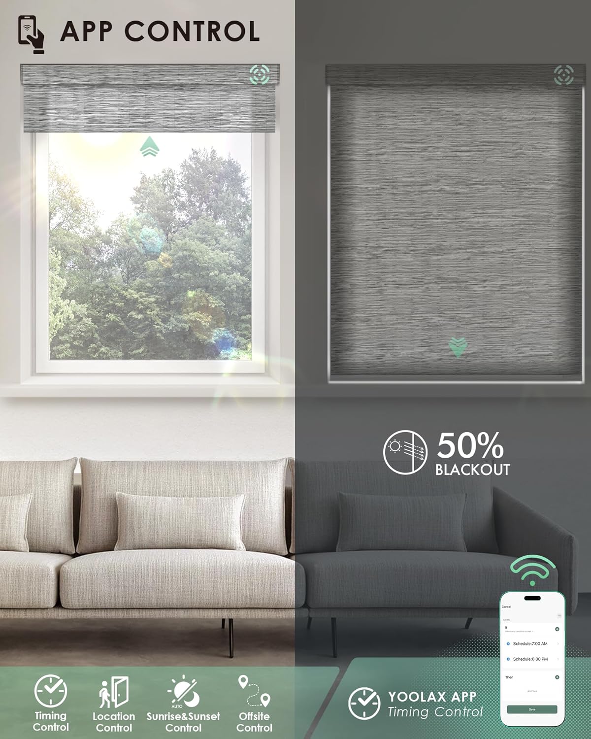 Yoolax Motorized Blinds with Remote, Light Filtering Smart Blinds Compatible with Alexa Google Home, Automatic Shades for Windows Living Room, Custom Size (50% Blackout V-Jungle Greyish White)