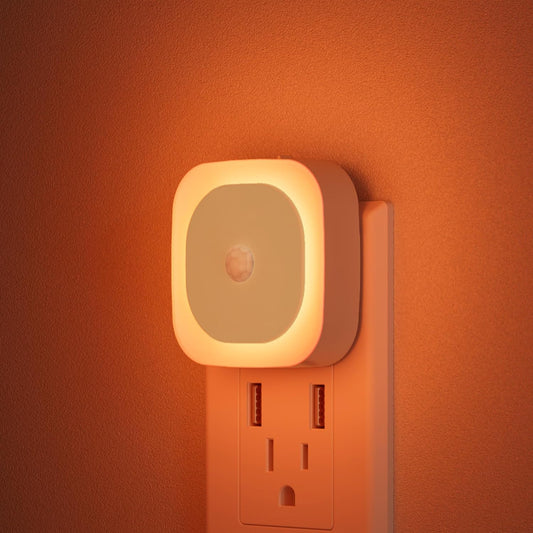 2 Pack Plug in Night Light with Motion Sensor & Dusk to Dawn Sensor, 3 Sensor Modes, Dimmable Night Lights Plug into Wall, Amber Nightlight for Sleep, Bathroom, Bedroom, Indoors, Kids