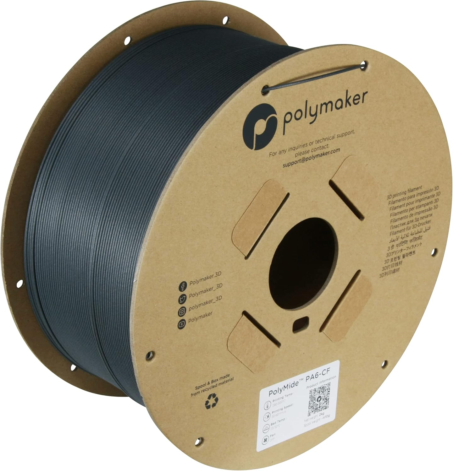 Polymaker PA6-CF Nylon Filament 1.75mm 2kg Black Carbon Fiber Nylon 3D Printing Filament - PolyMide PA6-CF Warp Free 3D Printer Filament