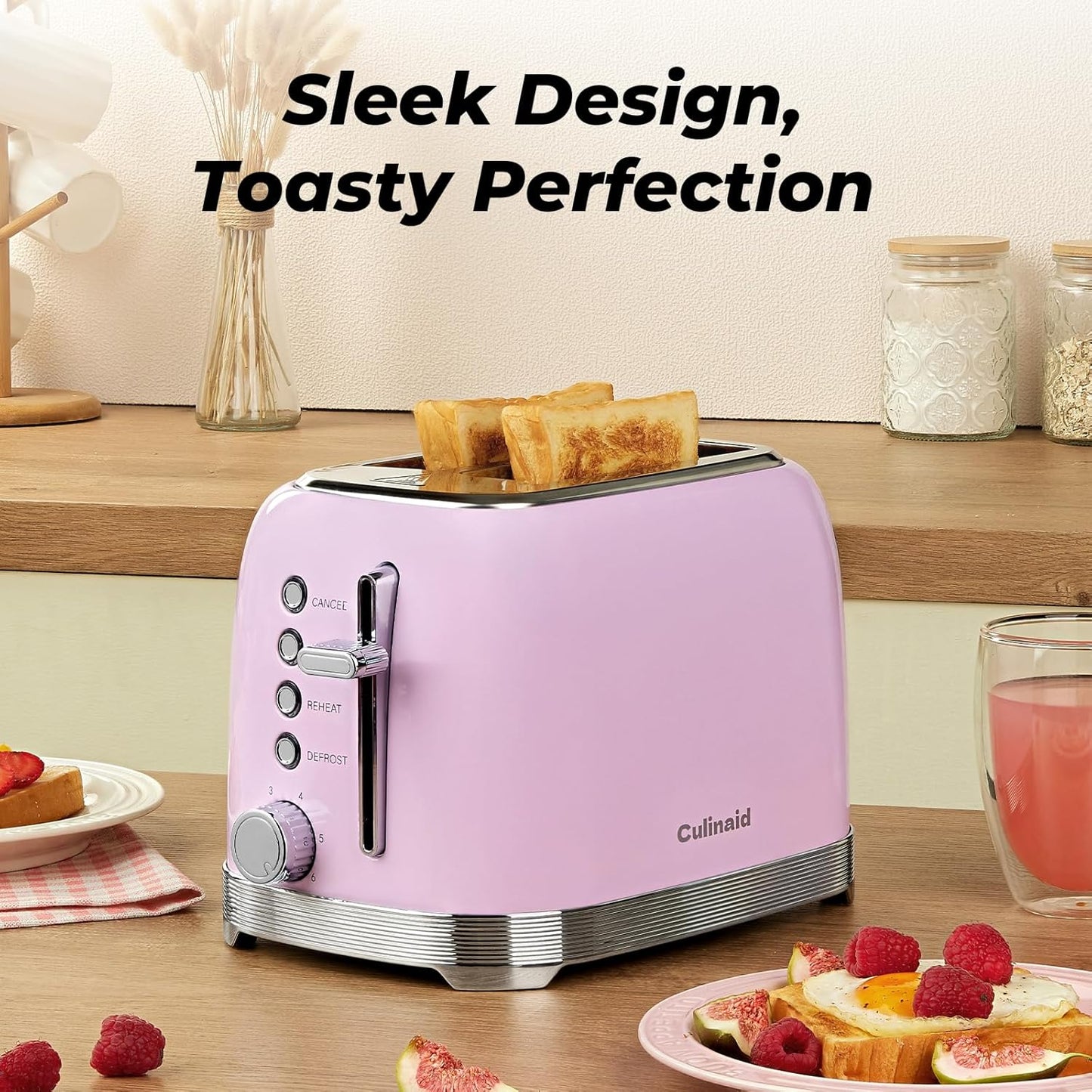 Toaster 2 Slice Retro Stainless Steel with 1.5” Extra Wide Slots Bagel, Defrost, Reheat, Cancel Functions, 6 Bread Shade Settings, Removable Crumb Tray, Pastel Pink
