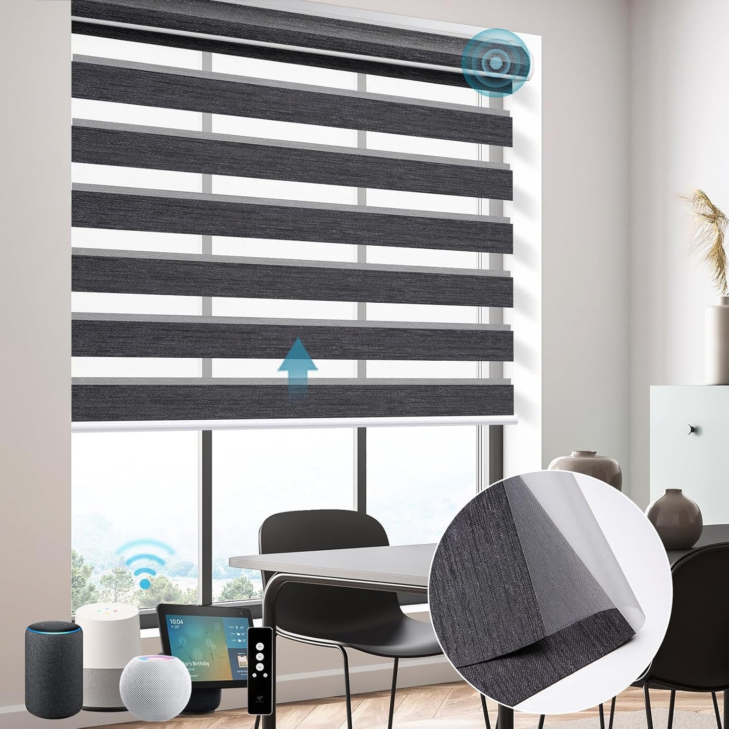 SmartWings Motorized Zebra Shades - Compatible with HomeKit, Alexa, SmartThings, Google - Remote Control Light Filtering Roller Shades, 85% Blackout, Smart Home/Office, Graphite, Customized