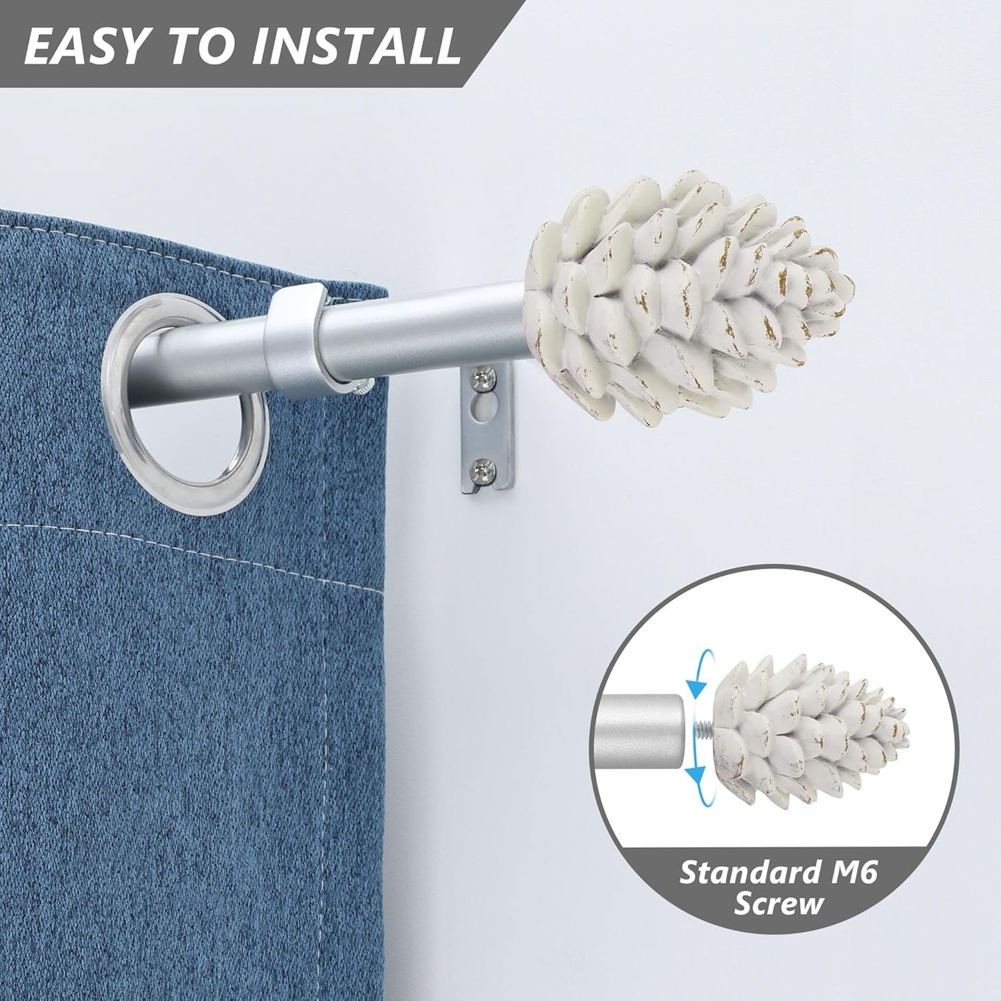 Silver Curtain Rods for Windows 66 to 120 Inches, 1 Inch Diameter Heavy Duty Single Curtain Rod, Adjustable Window Curtain Rod Drapery Rod with Decorative Finials