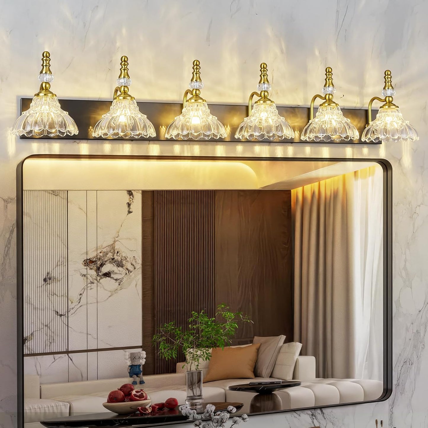 Vintage Bathroom Vanity Light, 6-Light Black Gold Vanity Lighting Fixture with Flower Glass Shade, Bathroom Lighting Fixtures Over Mirror