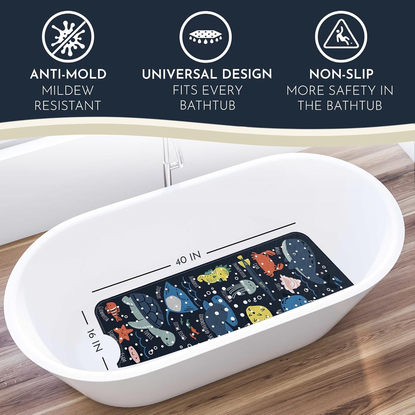 Bath Tub Mat Non Slip Anti Mold for Kids BPA Free INCL Hooks - homerella® Ocean Sea Animals 40x16, Baby Bath Mat Non Slip 200 Suction Cups, Non Toxic Machine Washable Toddler Bath Mat, EU Certified