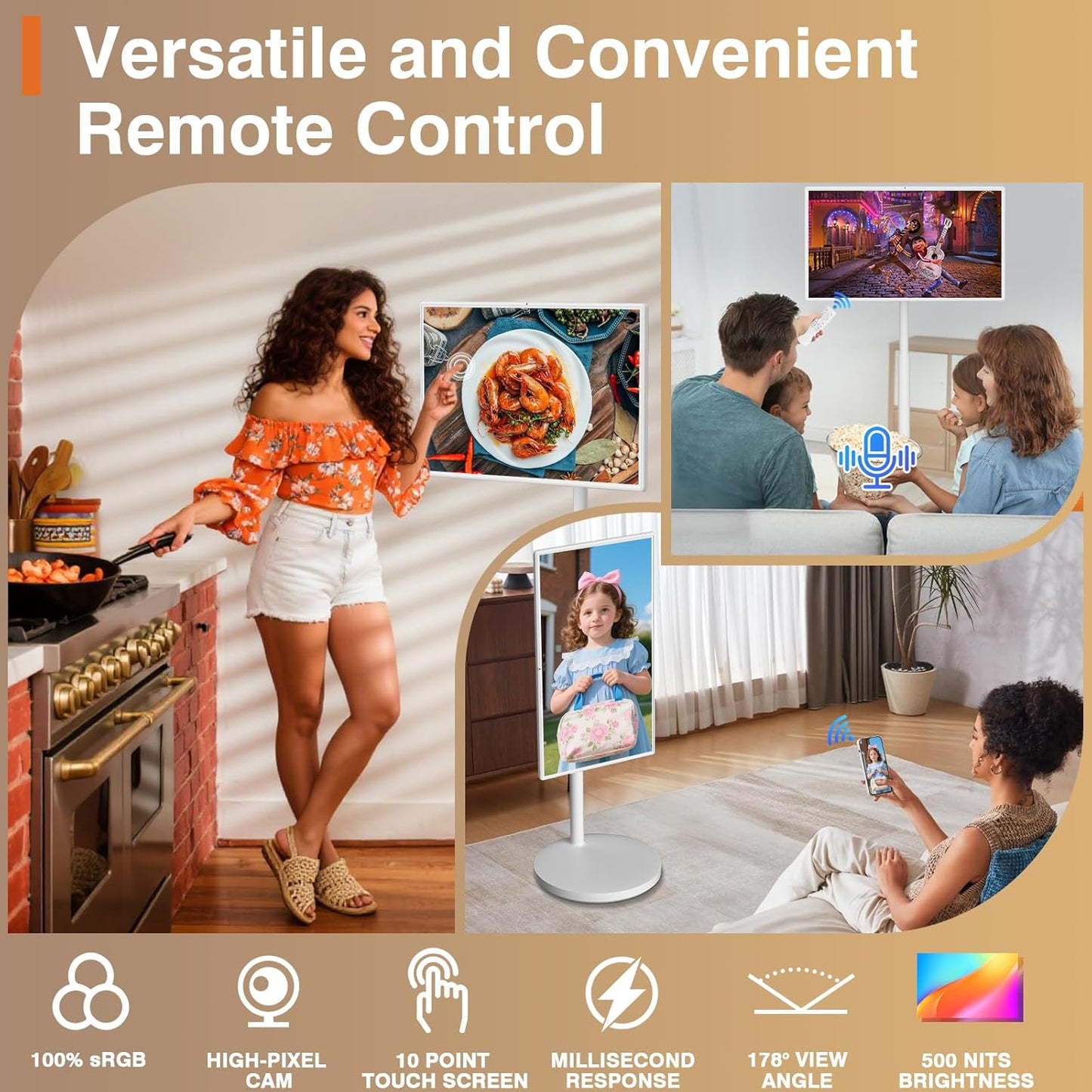 32-Inch Portable Smart Tablet, Portable TV on Wheels with 4K Camera, 8G RAM+128G Storage, Android 13 OS, Built-in Battery(Up to 8H), Full Swivel Rotation, Voice Remote Control(White)
