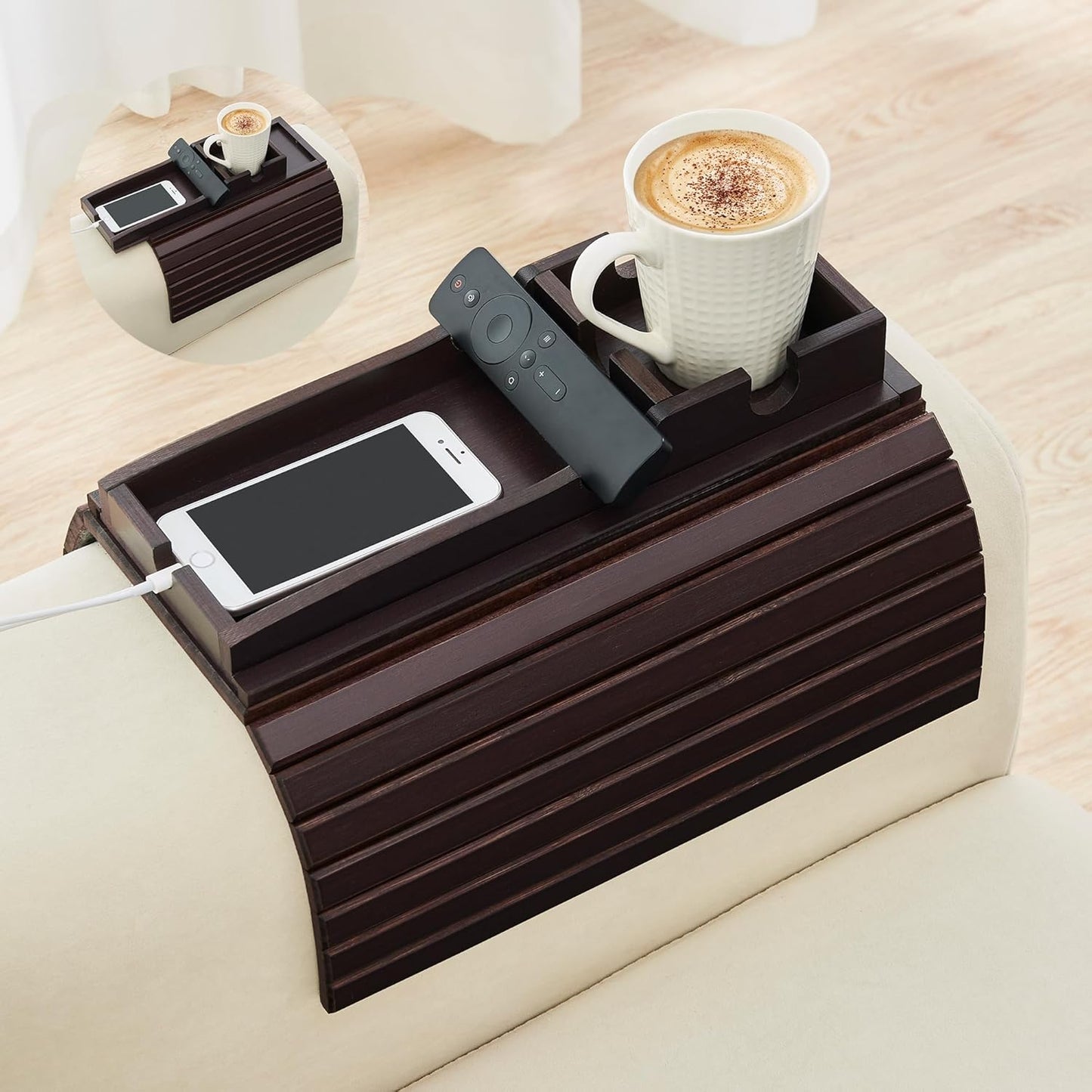 GEHE Detachable Couch Cup Holder, Anti Falling Sofa Arm Tray, Natural Bamboo Sofa Cup Holder More Safe for You Family, Portable Couch Arm Tray Armrest Table for Remote, Snacks, Phone, Drinks