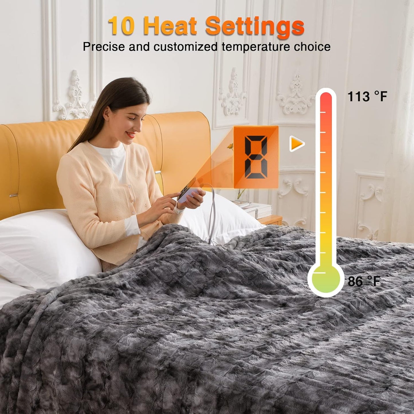 WOOMER Heated Blanket Queen Size 84" x 90", Electric Blanket with 0.5-12 Hours Timer & 10 Heating Levels, ETL Certified, Marble Gray Double-Sided Faux Fur, Machine Washable