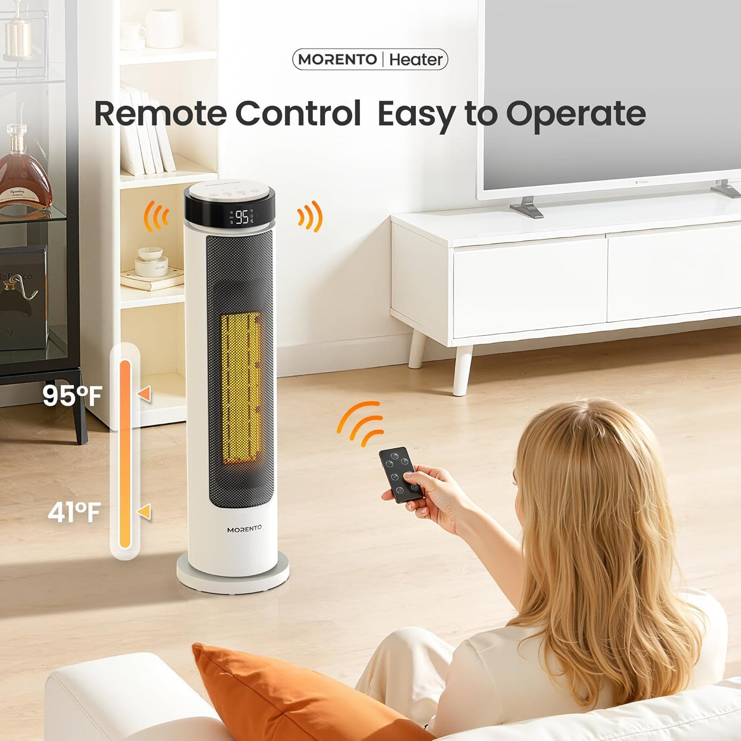 MORENTO Space Heater for Indoor Use, 1500W Ceramic Fast Heat, Electric Space Heater for Large Room with Remote, Thermostat, Digital Display, 5 Modes, 12H Timer, 70° Oscillation, 23dB White 1 Pack